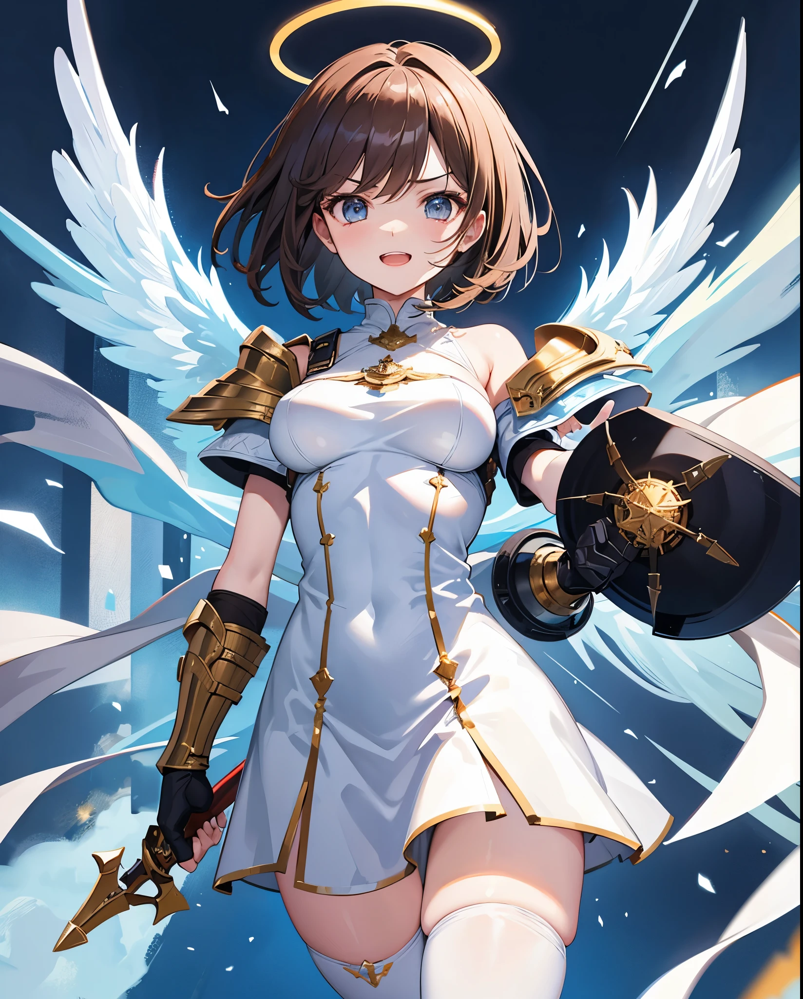 fantasy, 1angel_girl,child, loli,brown_hair, medium_bob_hair, long_bangs, halo,bare_shoulder,thighhighs,silver_armor, waist_armor, large_breasts,angry,grinning,open_mouth_teeth, 1pair_wings, dynamic_pose_fighting,floating, bare_crotch, headgear,gauntlet, greaves,city_sky_background,slightly_spread_legs, solo, groin_naked,