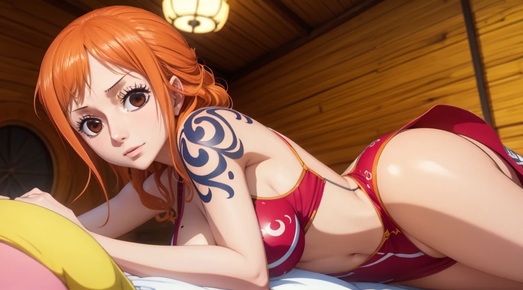 1 moca , nami onepiece de uma peça, tatuagem nami original, hdr, 8k, sensual, vestido vermelho , de costa olhando para os espectadores, segurando os cabelos longos , olhos castanhos, bunda, ass, corpo inteiro, sentada, rosto nami.