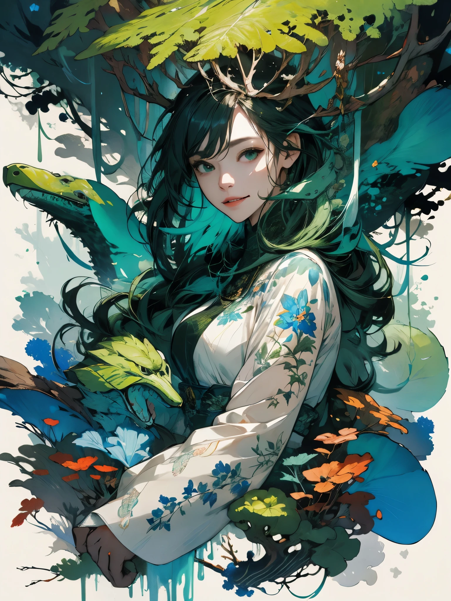 Happy girl, at centre, looking at the camera in, nearing perfection, dynamic, (blues and ((forest green 1.5)))), The is very detailed, digitial painting, art  stations, concept-art, smooth private parts, Focus sharp, illustratio, Artwork by Carne Griffiths and Wadim Kashin, 详细的脸, 4K