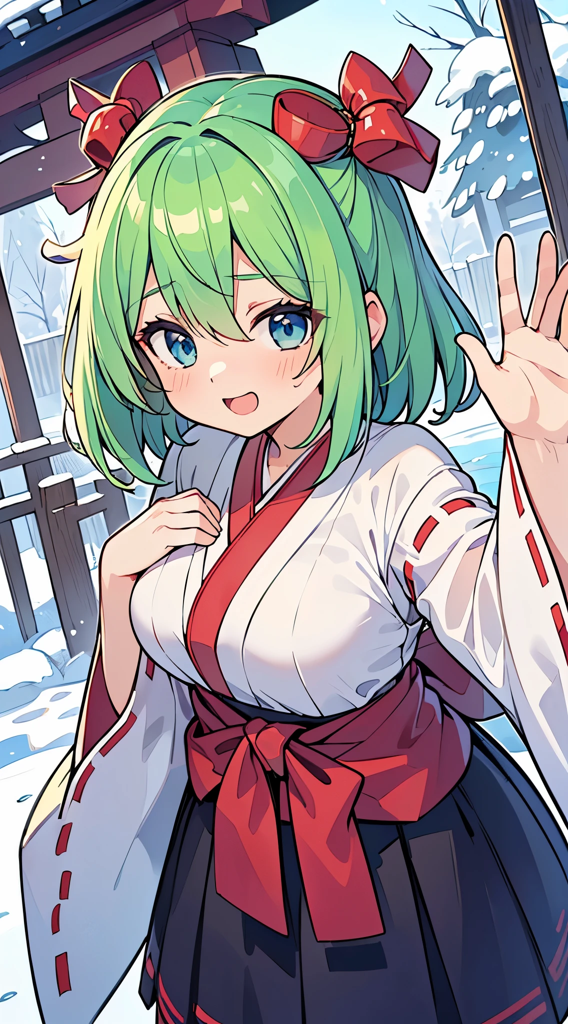 ((A traditional shrine maiden with green hair and blue eyes)), face, ((master piece, top-quality, ultra-definition, high resolution)), anime girl, ((ultra-detailed illust:1.2)), only one person, bangs, hair between eye, beautiful hair, Beautiful eyes, Medium breasts, Big smile, opened mouth, snowy outside