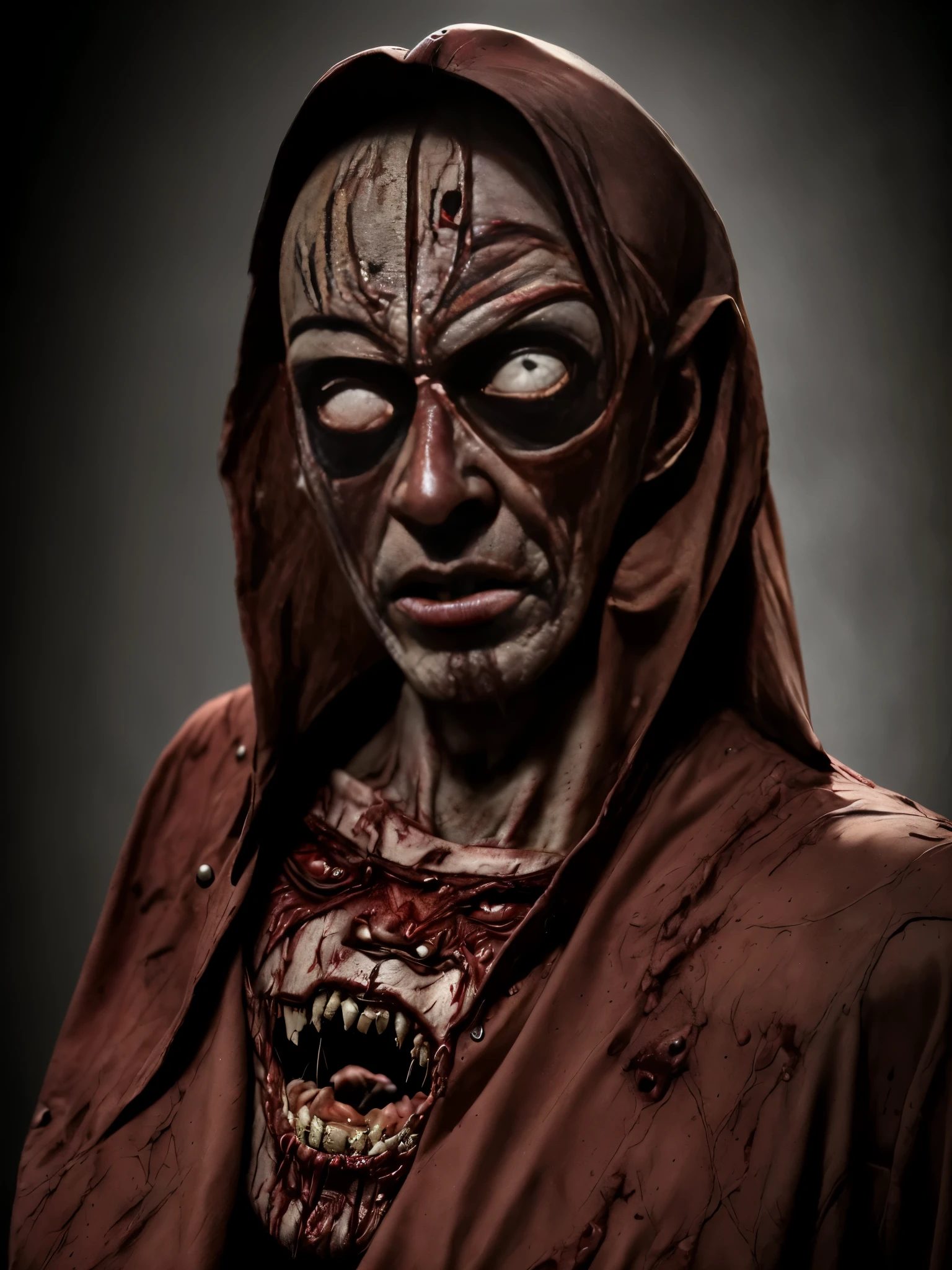 close-up of a man with a bloody face and a creepy look, extremely detailed face and body, extremely detailed face, Horror!! Highly detailed, A creepy mutant creature made of flesh, Make-up prosthetics, clean brutal blooded face, Horror macabre face, ultra realistic Horror, Latex flesh and facial muscles, Freddy Krueger, A real human face with skin, Freddy Krueger style