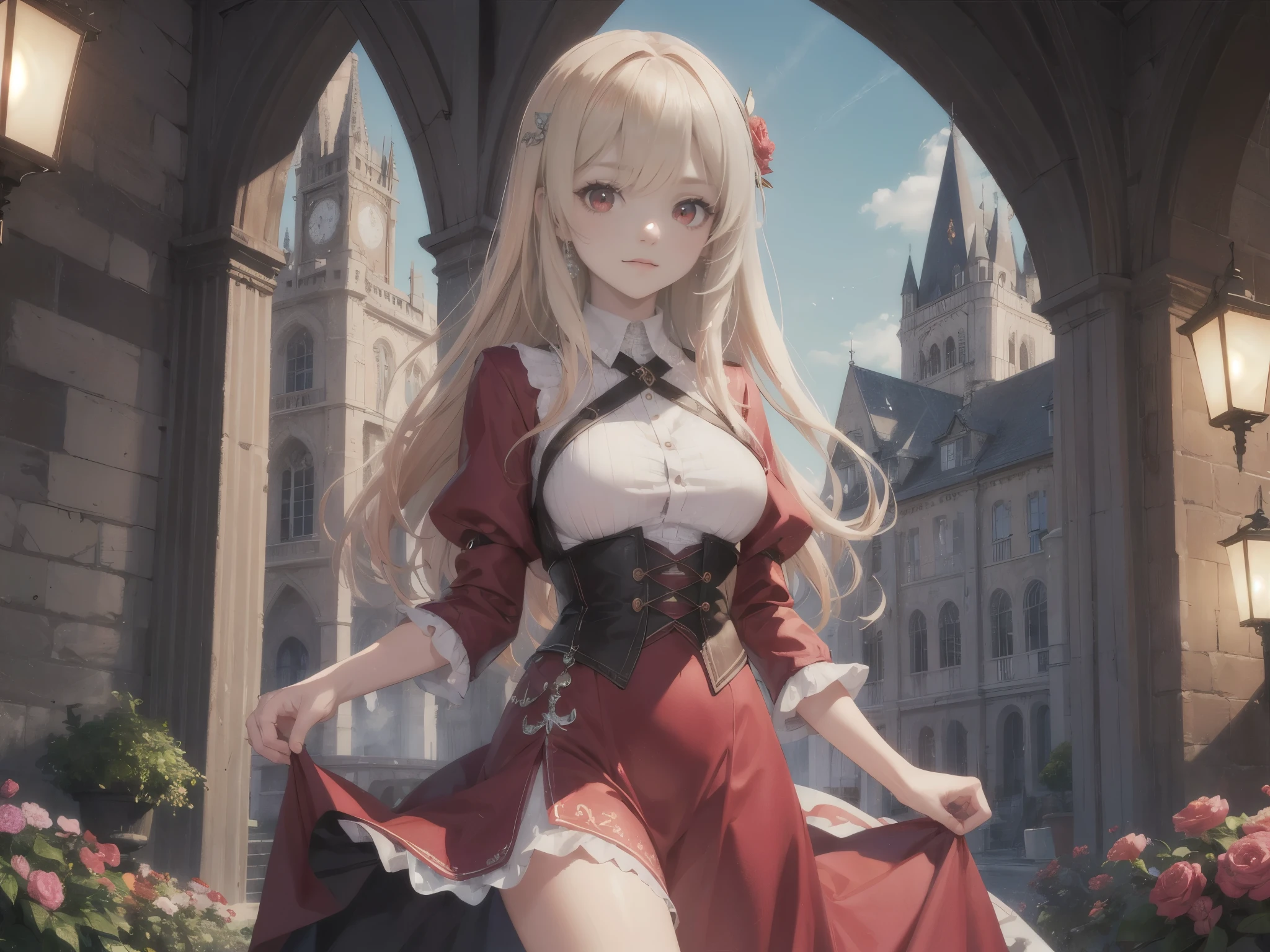 (Masterpiece, Best Quality, High Quality, Highres:1.4), Detailed, girl, solo, long hair, blonde hair, highly detailed hair and eyes, (red eyes:1.5), looking at viewer, cowboy shot, Princess gown, nice hands, perfect hands, light particles, outside the castle within the garden area full of flowers