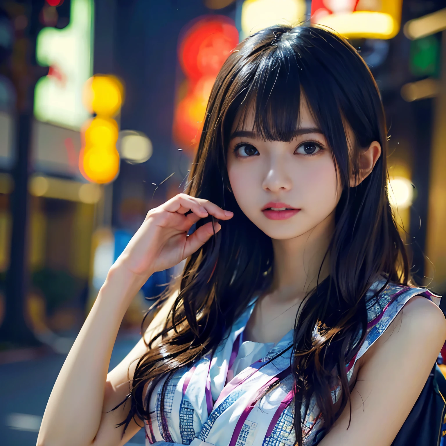 女の子1人、on tokyo street、A city scape、夜のA city scape、Neon Street、The upper part of the body、a closeup、A smile、、(8K、Raw photography、top-quality、masterpiece:1.2)、(realisitic、フォトrealisitic:1.37)、Highly detailed eyelash drawing、(((Top image quality))), (Beautiful hair), (Perfect Anatomy), (Realistic), (Dynamic Angle), Pose Seductive,Perfect, Look、top-quality、hight resolution、