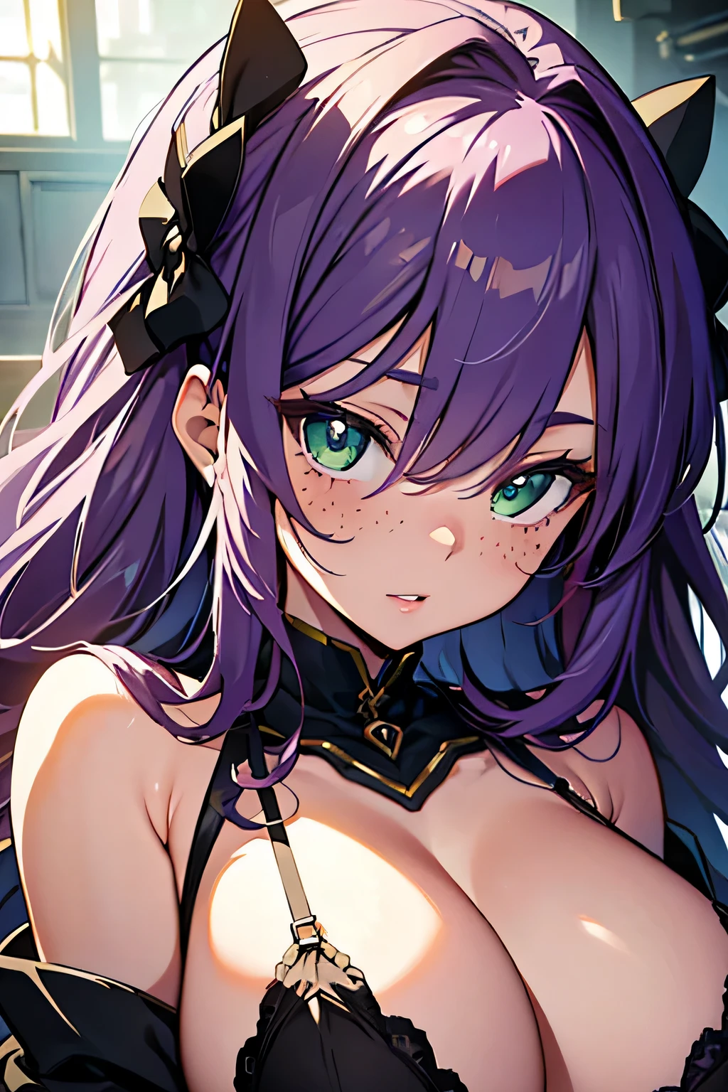 (masterpiece, highres, high resolution:1.2), anime 20 yo girl, portrait, shoulders up, illustration. drawn, violet hair woman, green eyes, blushing, solo, surprised, freckles, big lips, huge breasts, perfect body, wearing sexy lingerie, anime girl, no hands.