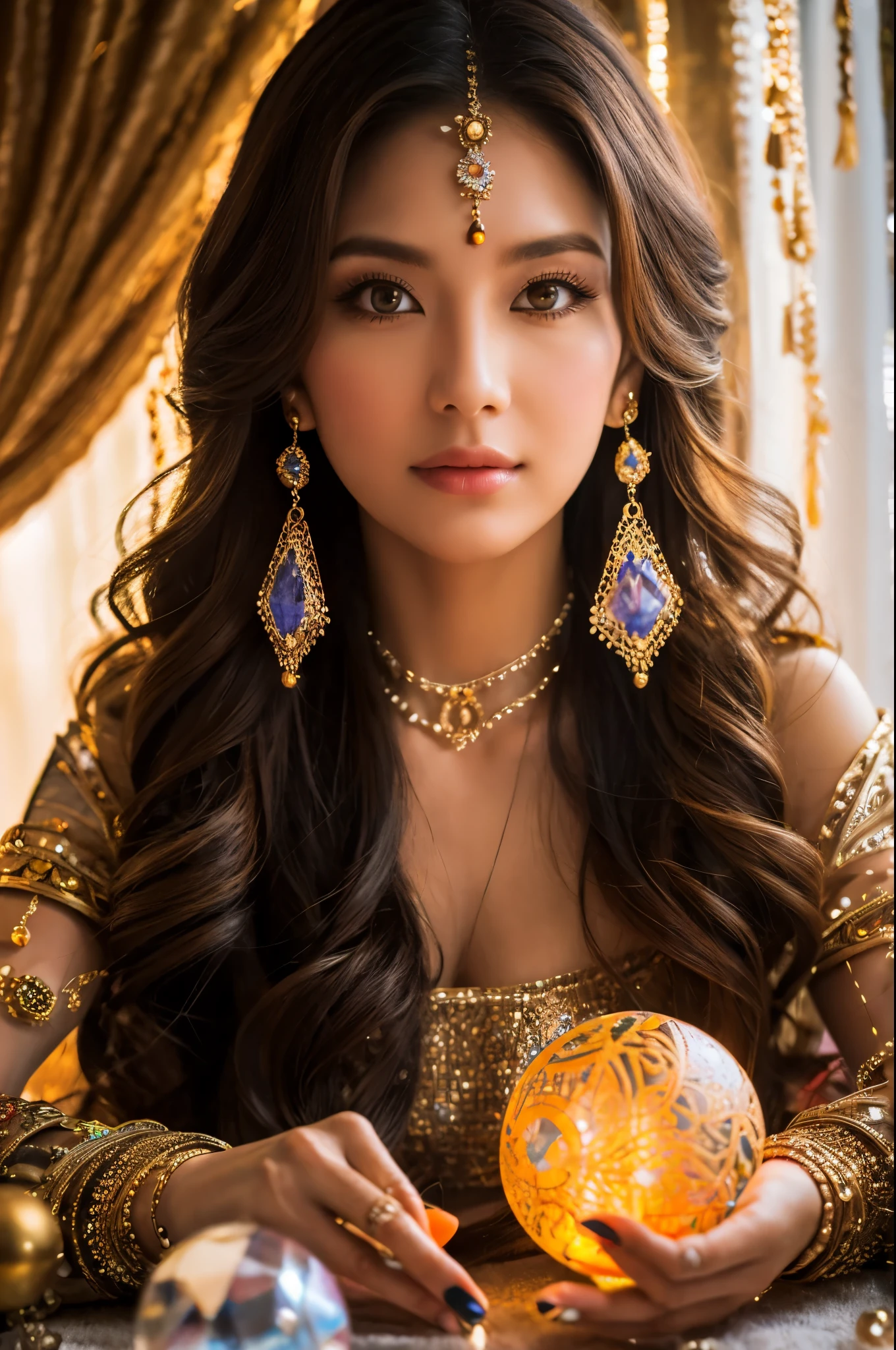 Beautiful gypsy female tarot card reader looking at me with crystal ball facing me