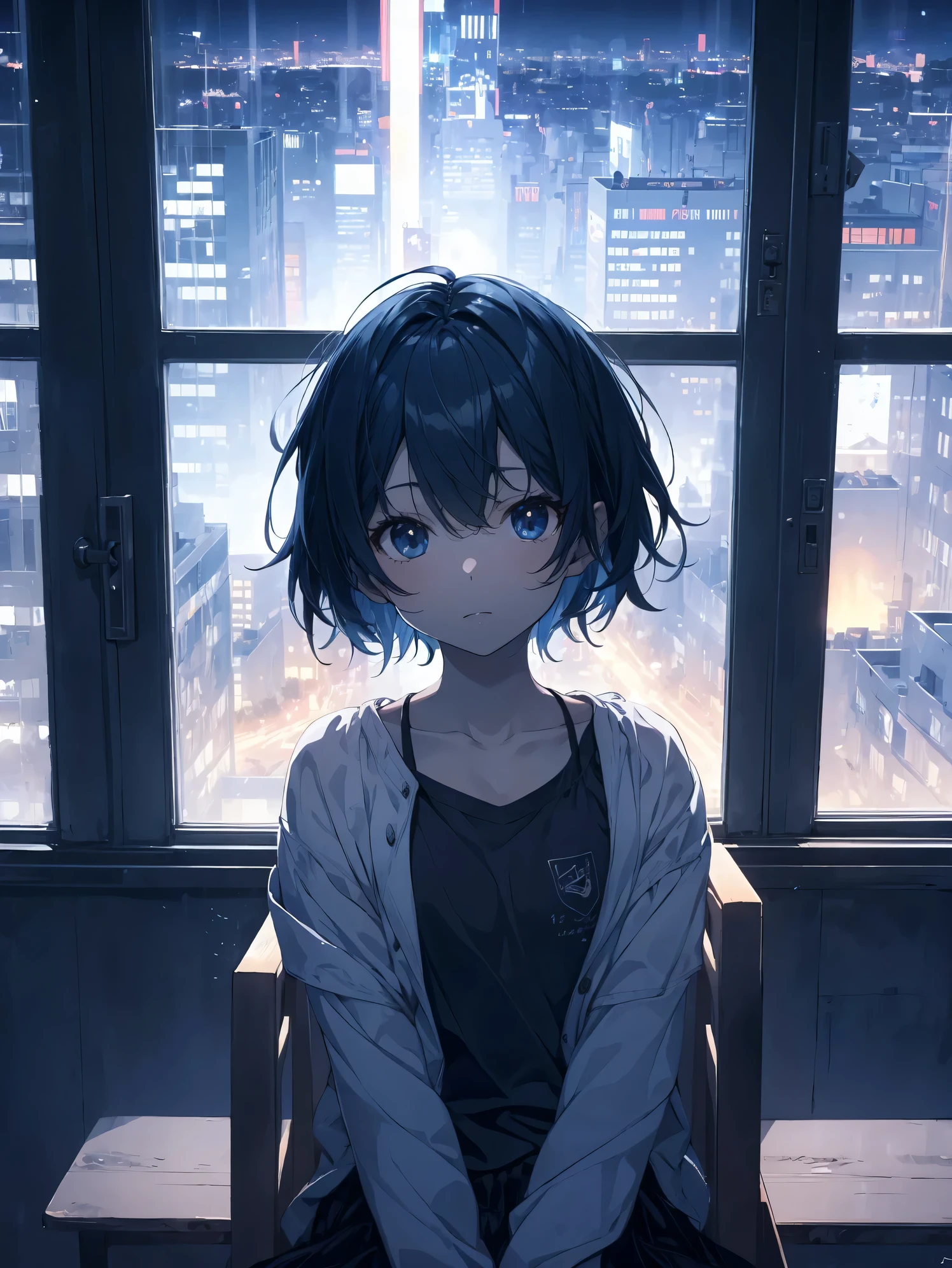 Super high quality by the art god, Ultra-detailed, High resolution, ilya kuvshinov style, anime moe art style, best anime 8K konachan wallpaper, Pixiv Contest Winner, Perfect Anatomy, BREAK,(Please draw a picture of a girl sitting and looking at the night view..),BREAK, a hyperrealistic schoolgirl, (Solo,Lori,,13yea:1.3),Full limbs, complete fingers,a junior gynous attraction, (Very short hair), hair messy, flat chest, Small butt, groin, Small eyes,Beautiful detailed black eyes, Well-proportioned iris and pupils, High resolution detailed hair,Calm face, Chair sitting in a high floor apartment room, nigh sky, city landscape, view the viewer, City lights, window, Highlight, From Side,BREAK,Ultra-detailed細なスキン, Best lighting by famous artists, 8K, Illustration.