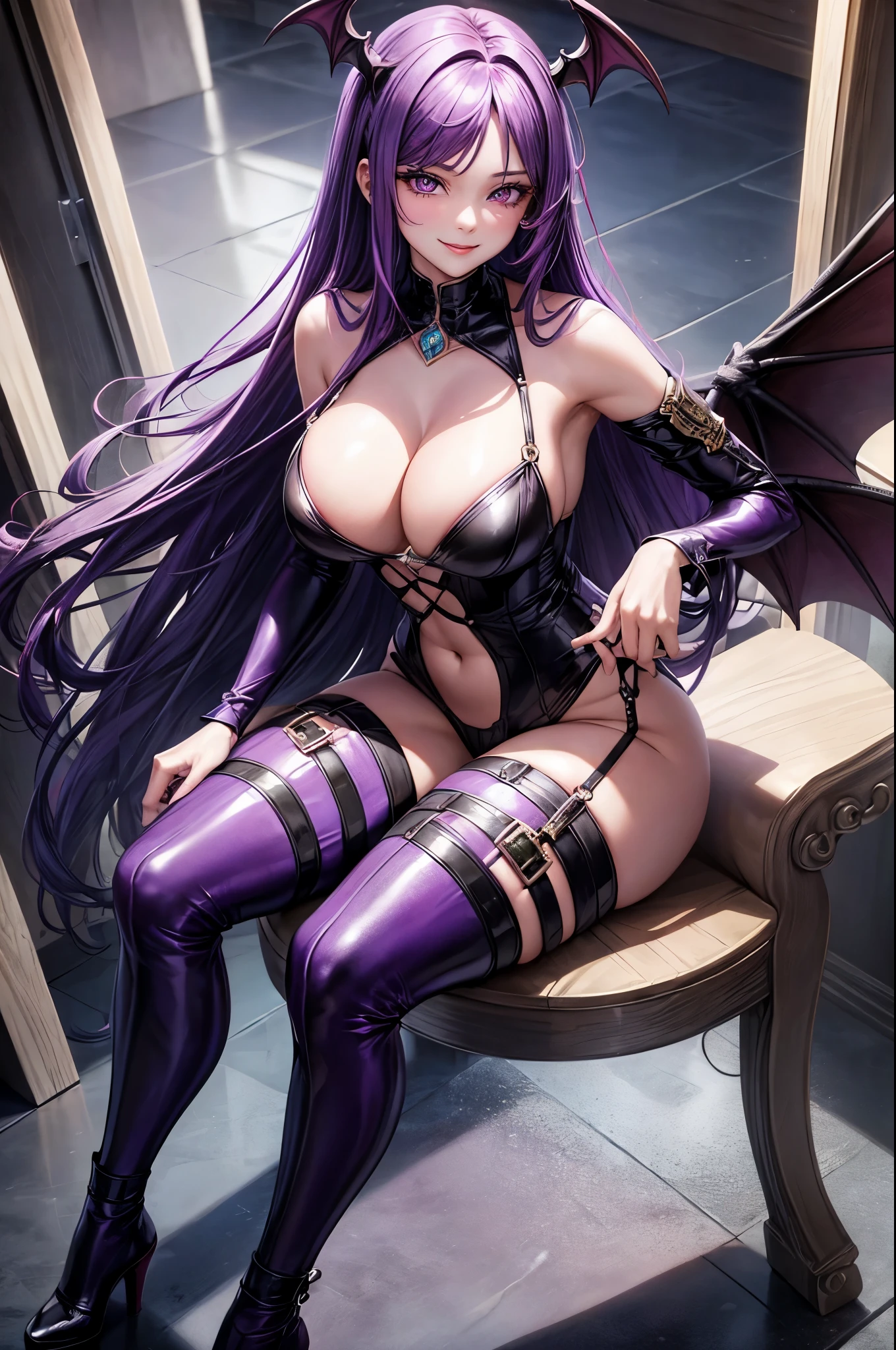 1girl, beautiful face, pretty, purple hair color, long hair, straight hair, hair bang, straight hair bang, purple eyes, mature woman, mommy, big tits, succubus, demon wings, smiling sadistically, nude, big breasts, exposed breasts, pubic hair, leather thigh high, sitted on a throne