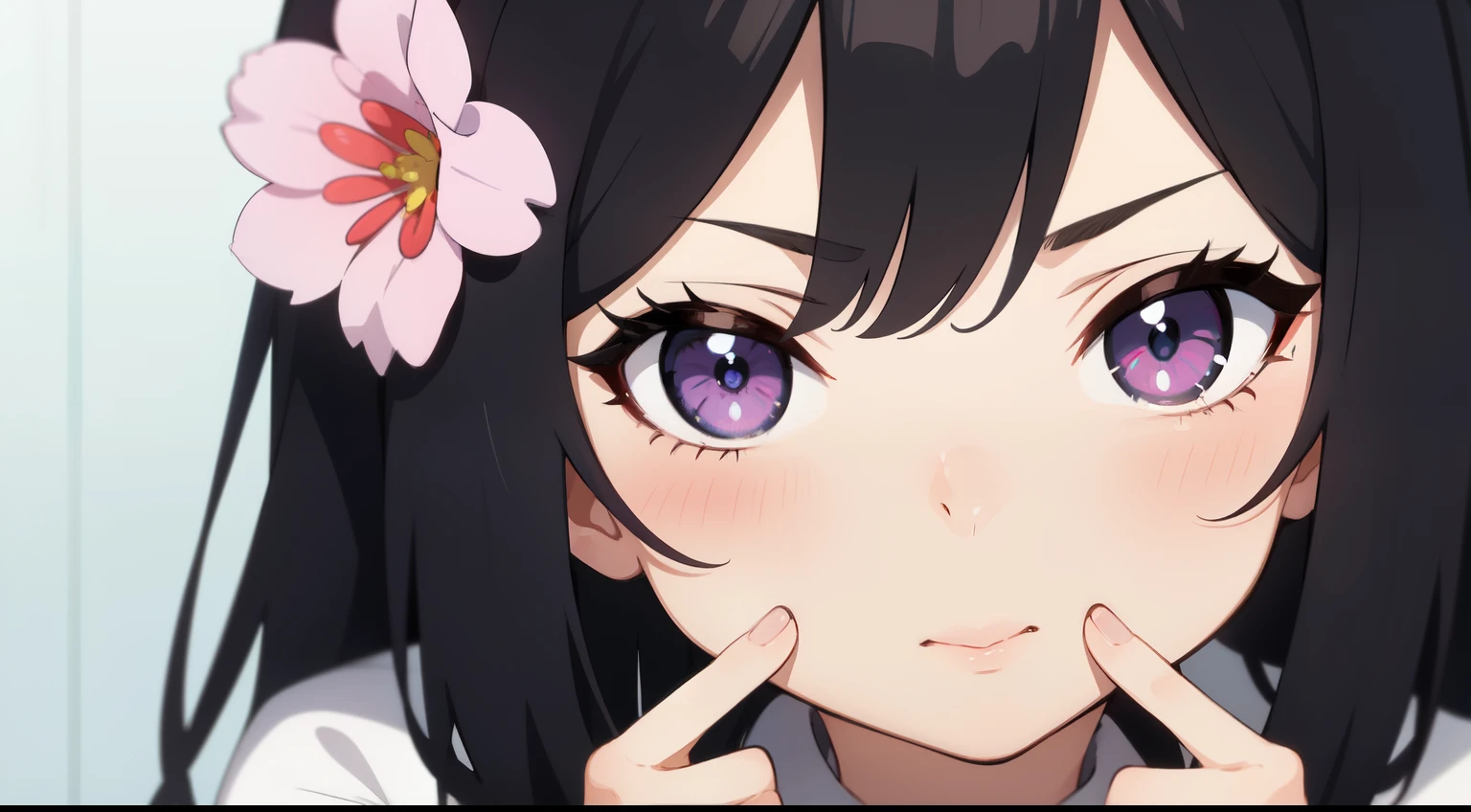 A girl with fingers on her cheek, cute in a kitten costume, inspired by Haruno Sakura from the anime Naruto, background according to the image, black hair, bright violet eyes, 2D anime