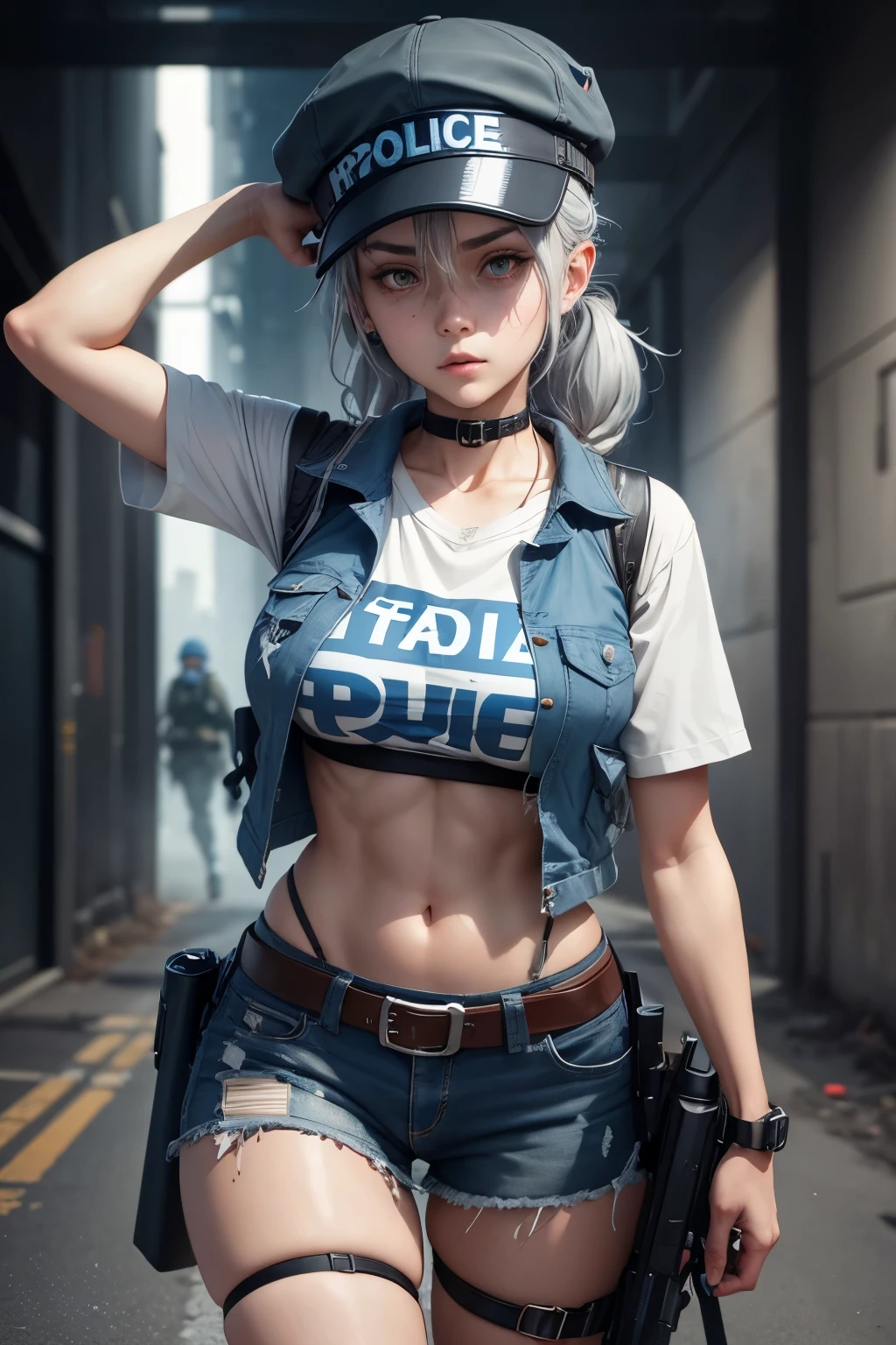 Cute girl, Gray hair tied, hat🧢 , blue police uniform, zombie, dead ahead zombie warfare, A vest with police written on it, black belt, Knee protectors, sexy