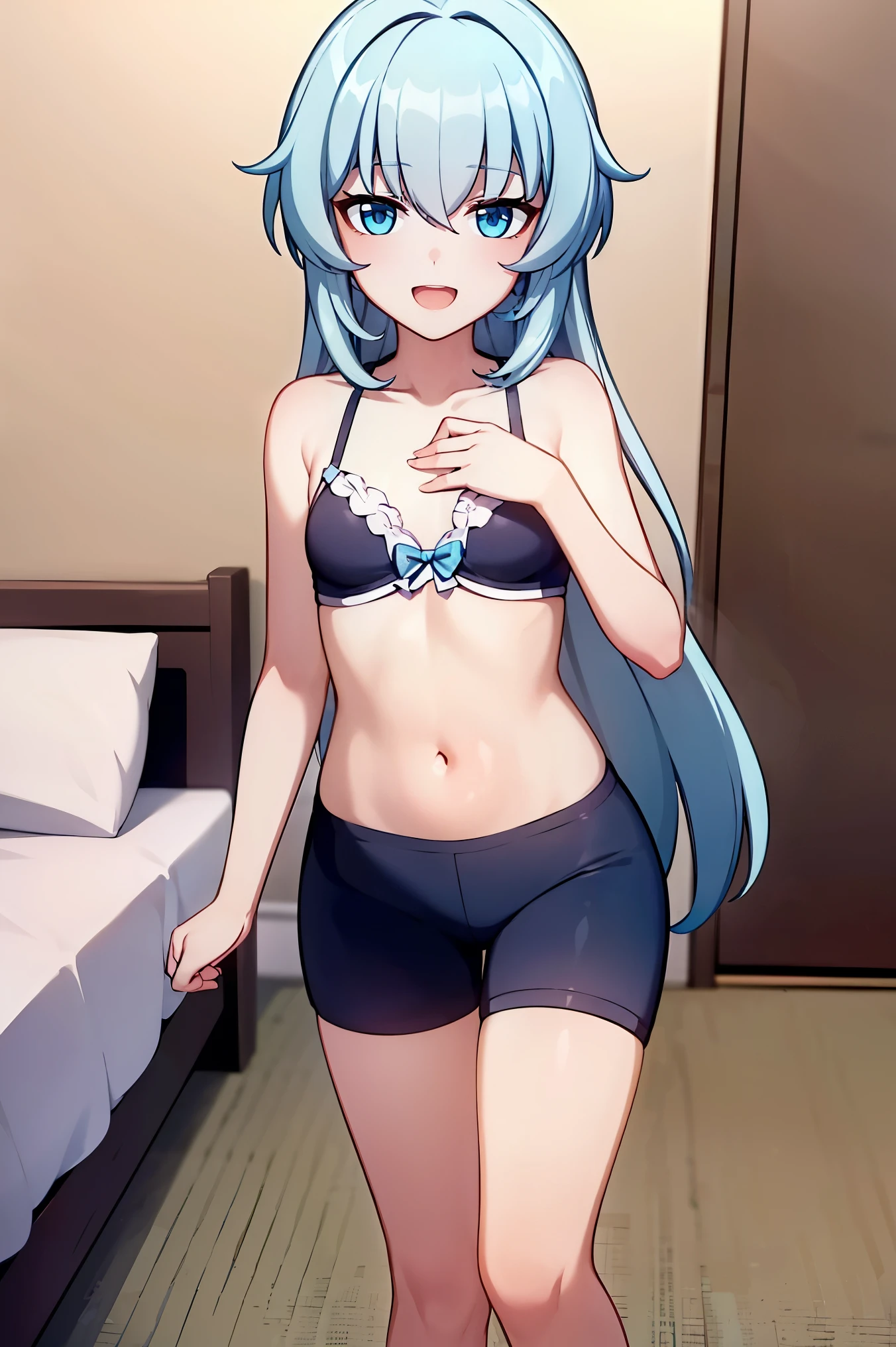 1 girl, best quality, ultra high res, long hair, blue hair, blue eyes, shigure kira, looking at viewers, small breast, standing, pov, slim body, body, small body, short body, smile, open mouth, white bra, black bike shorts, bedroom, white bed sheets,
