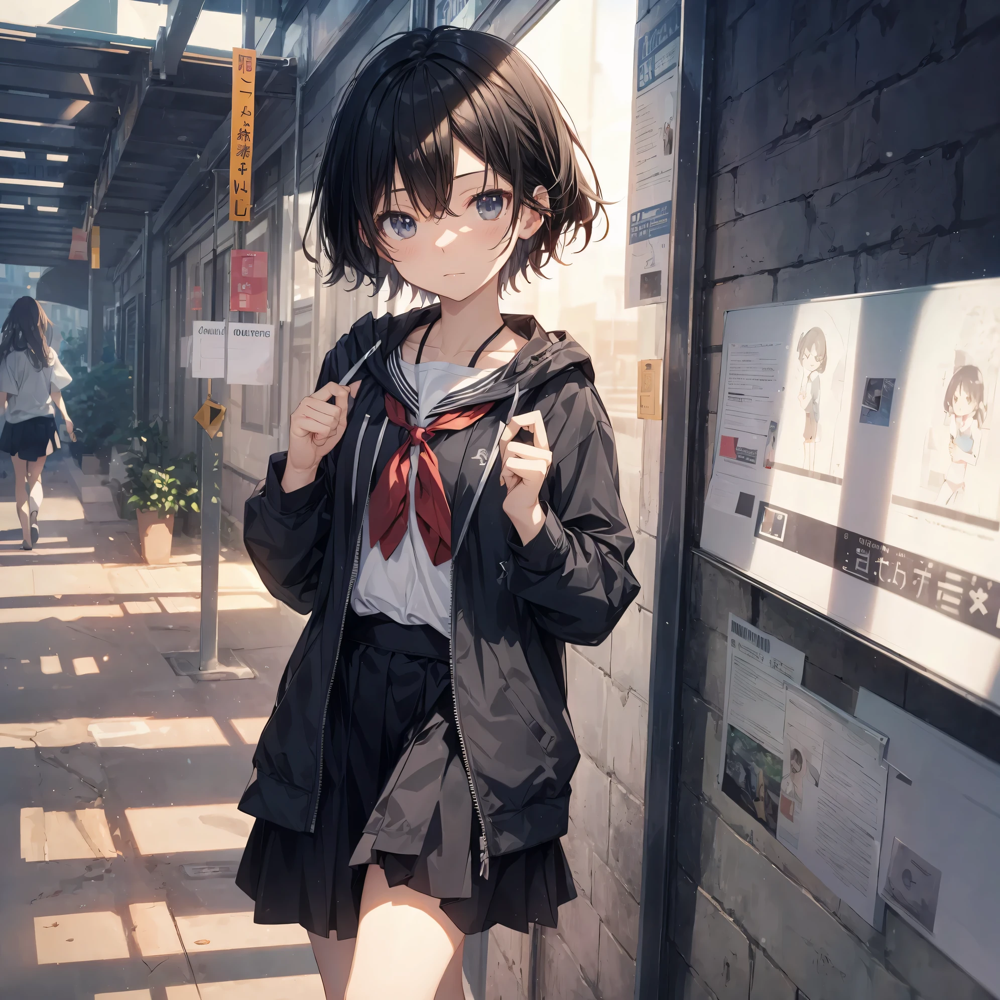 Super high quality by the art god, Ultra-detailed, High resolution, Shinkai Makoto style, anime moe art style, best anime 8K konachan wallpaper, Pixiv Contest Winner, Perfect Anatomy, BREAK,(Please draw a sleepy girl going to school alone.. ),BREAK, a hyperrealistic schoolgirl, (Solo,Lori,child,13years:1.3),Full limbs, complete fingers,a junior high school student, Androgynous attraction, (Very short hair), hair messy, flat chest, Small butt, groin, Small eyes,Beautiful detailed black eyes, Well-proportioned iris and pupils, disgusted eye, High resolution detailed hair, School uniform, Skirt, On the way to school. BREAK,Ultra-detailed細なスキン, Best lighting by famous artists, 8K, Illustration,