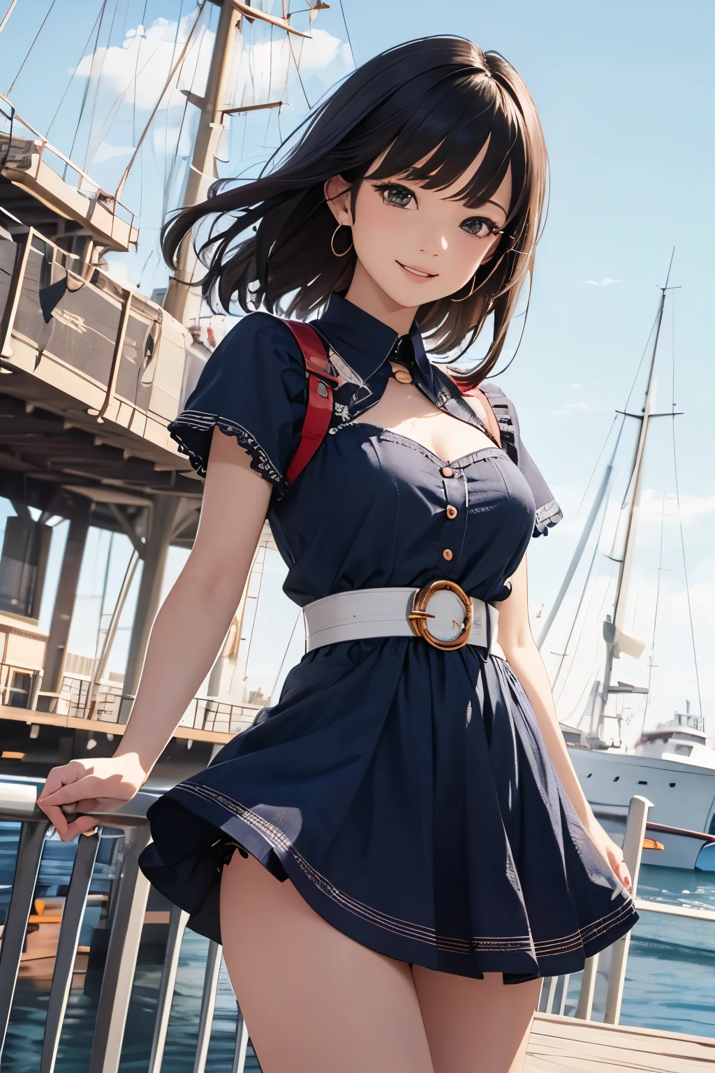 very cute and beautiful girl,(highly detailed beautiful face and eyes:1.2),(smile),cowboy shot,
navy blue frilled dress,walking,dynamic pose,(detailed legs,mini skirt:0.9),
dynamic angle,black hair,(rose garden),navy harbor,warships in distance,
(best quality,masterpiece:1.2),(intricate details:1.2),highres,extremely detailed,
solo,hair fluttering in the wind,beautiful detailed sky,