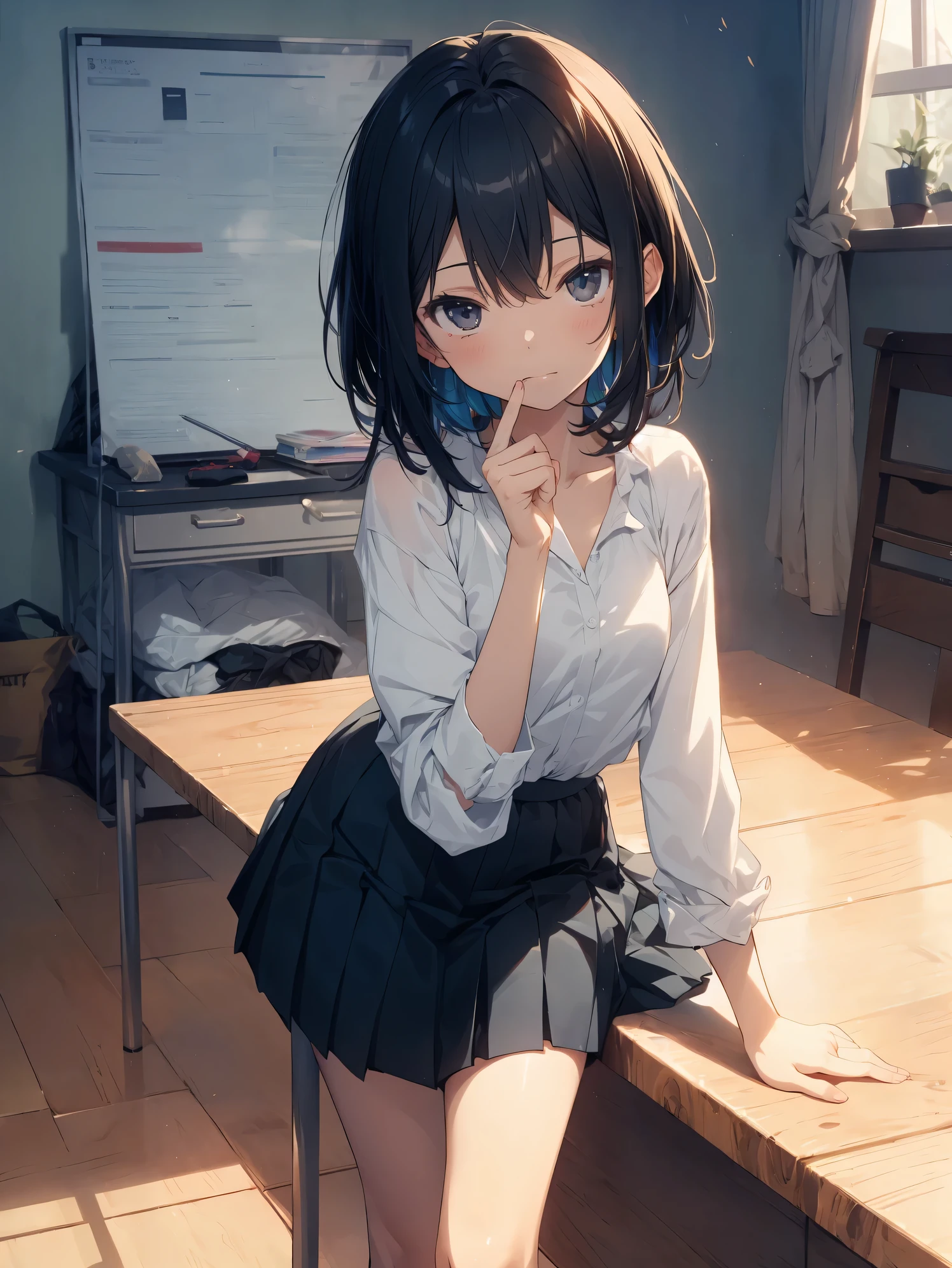 Super high quality by the art god, Ultra-detailed, High resolution, Gwise Style, anime moe art style, best anime 8K konachan wallpaper, Pixiv Contest Winner, Perfect Anatomy,BREAK,(Please draw a picture of a girl sitting sleepily on the bed. ),BREAK, a hyperrealistic schoolgirl, (Solo,Lori,,13yea:1.3),Full limbs, complete fingers,a junior gynous attraction, (Very short hair), hair messy, flat chest, Small butt, groin, Small eyes,Beautiful detailed black eyes, Well-proportioned iris and pupils,  High resolution detailed hair, School uniform, Skirt, sitting on a bed, BREAK,Ultra-detailed細なスキン,Shiny skin, Best lighting by famous artists, 8K, Cute illustration.