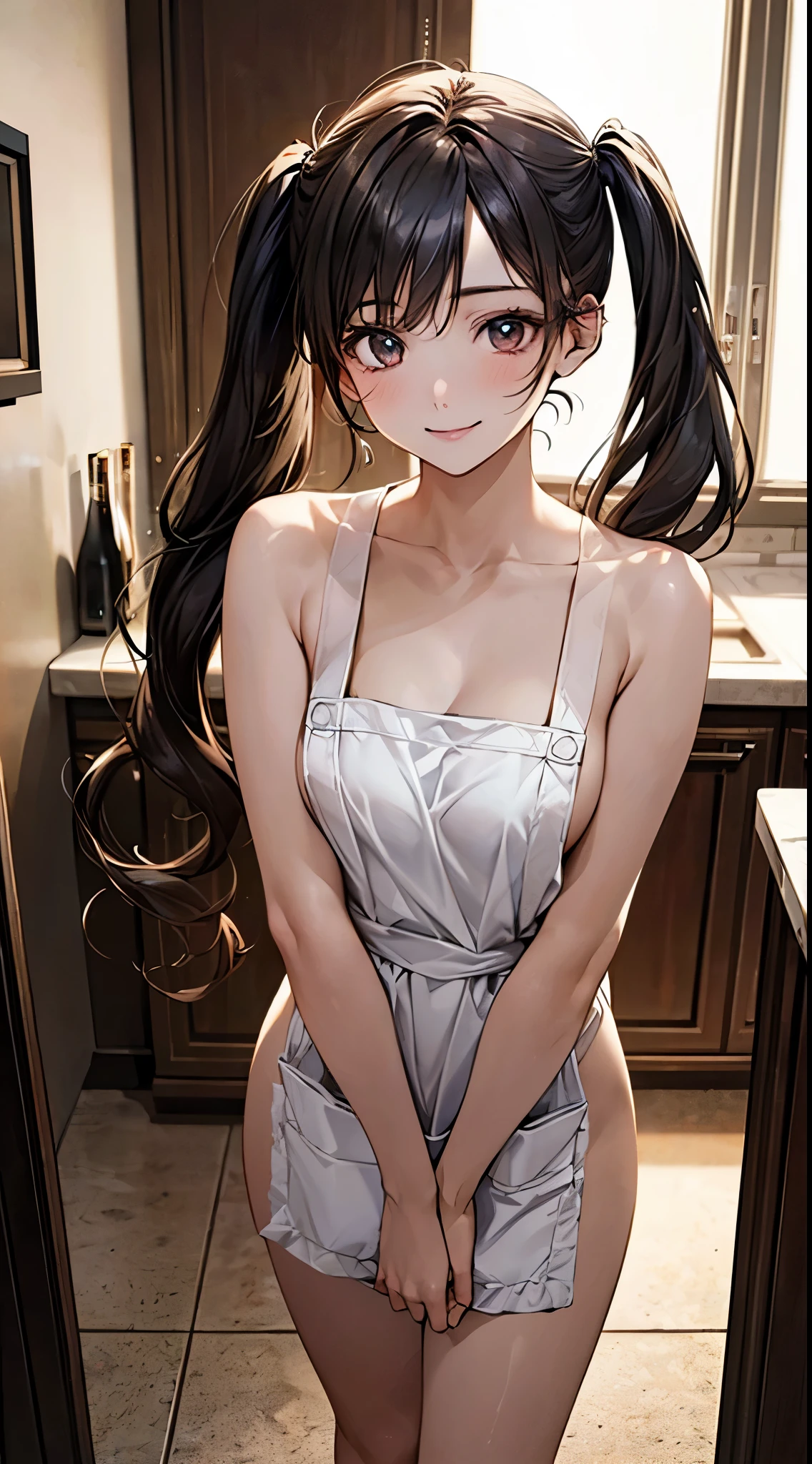 ((((, , perfect anatomy, anatomically correct, super detailed skin)))), 1 girl, japanese, , (detailed ultra-oily shiny skin:1.1), watching the view, (smile:1.2),
beautiful hair, beautiful face, beautiful detailed eyes, (middle hair:1.3, twintails:1.5), babyface,
beautiful clavicle, beautiful body, beautiful breasts, (large breasts:0.8), beautiful thigh, beautiful legs,
(((naked:1.2), apron)),
(beautiful scenery), inside kitchen, walking, standing,
(8k, top-quality, masterpiece:1.2, extremely detailed), (photorealistic), beautiful art, visual art, depth of fields, cinematic lighting, ,