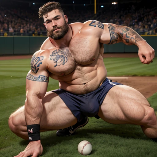 Bearded baseball dude , on the pitchers mound, massive bulge, arm sleeve tattoo, beefy butt, thick arms and legs