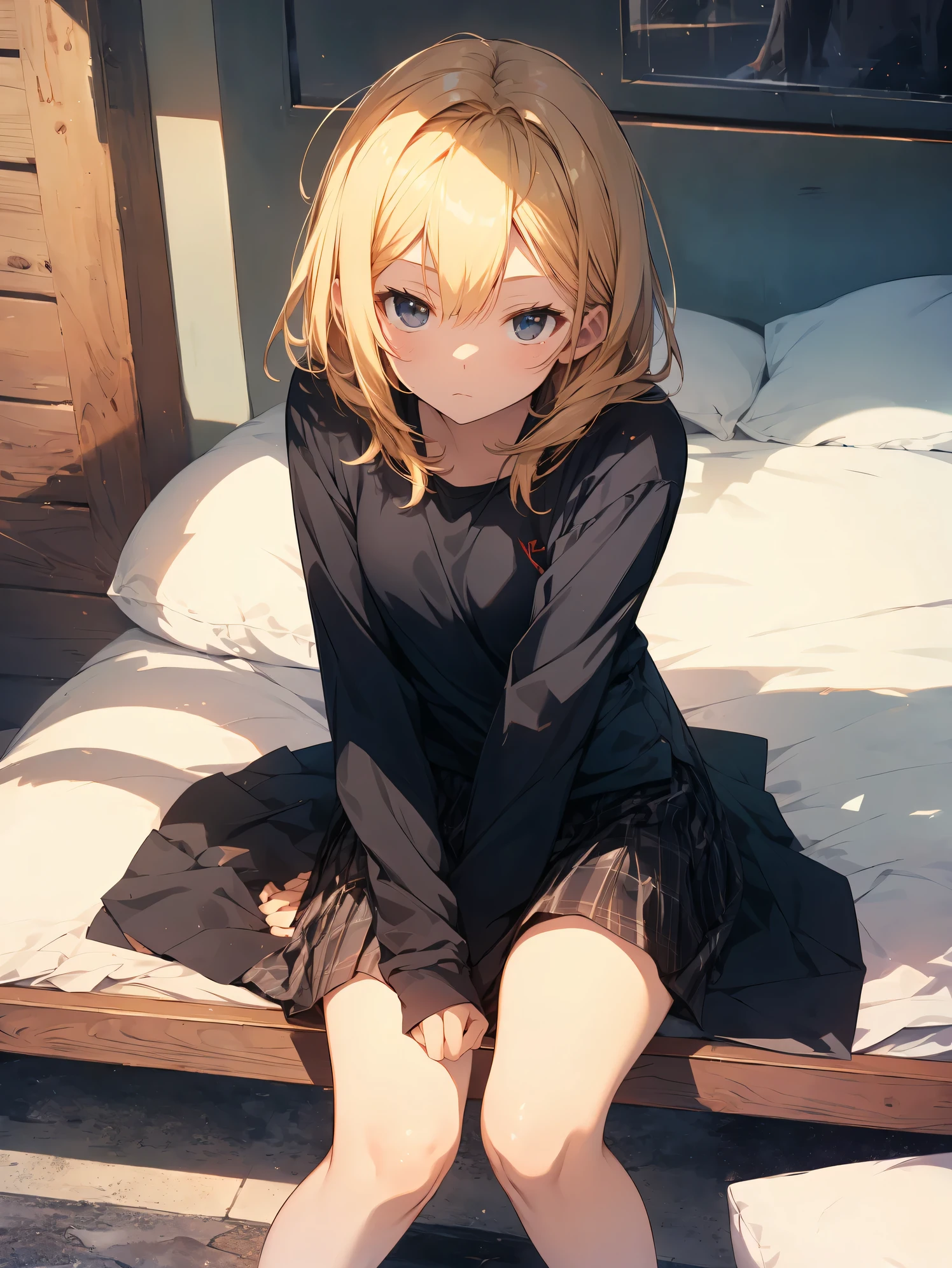 Super high quality by the art god, Ultra-detailed, High resolution, Gwise Style, anime moe art style, best anime 8K konachan wallpaper, Pixiv Contest Winner, Perfect Anatomy,BREAK,(sitting on a bedいる女の子の絵を描いてください ),BREAK, a hyperrealistic schoolgirl, (Solo,Lori,child,13years:1.3),Full limbs, complete fingers,a junior high school student, Androgynous attraction, (Very short hair), hair messy, flat chest, Small butt, groin, Small eyes,Beautiful detailed black eyes, Well-proportioned iris and pupils, High resolution detailed hair, blush, (Tank top, Short shorts:1.2), sitting on a bed, From above,BREAK,Ultra-detailed細なスキン,Shiny skin, Best lighting by famous artists, 8K, Cute illustration.