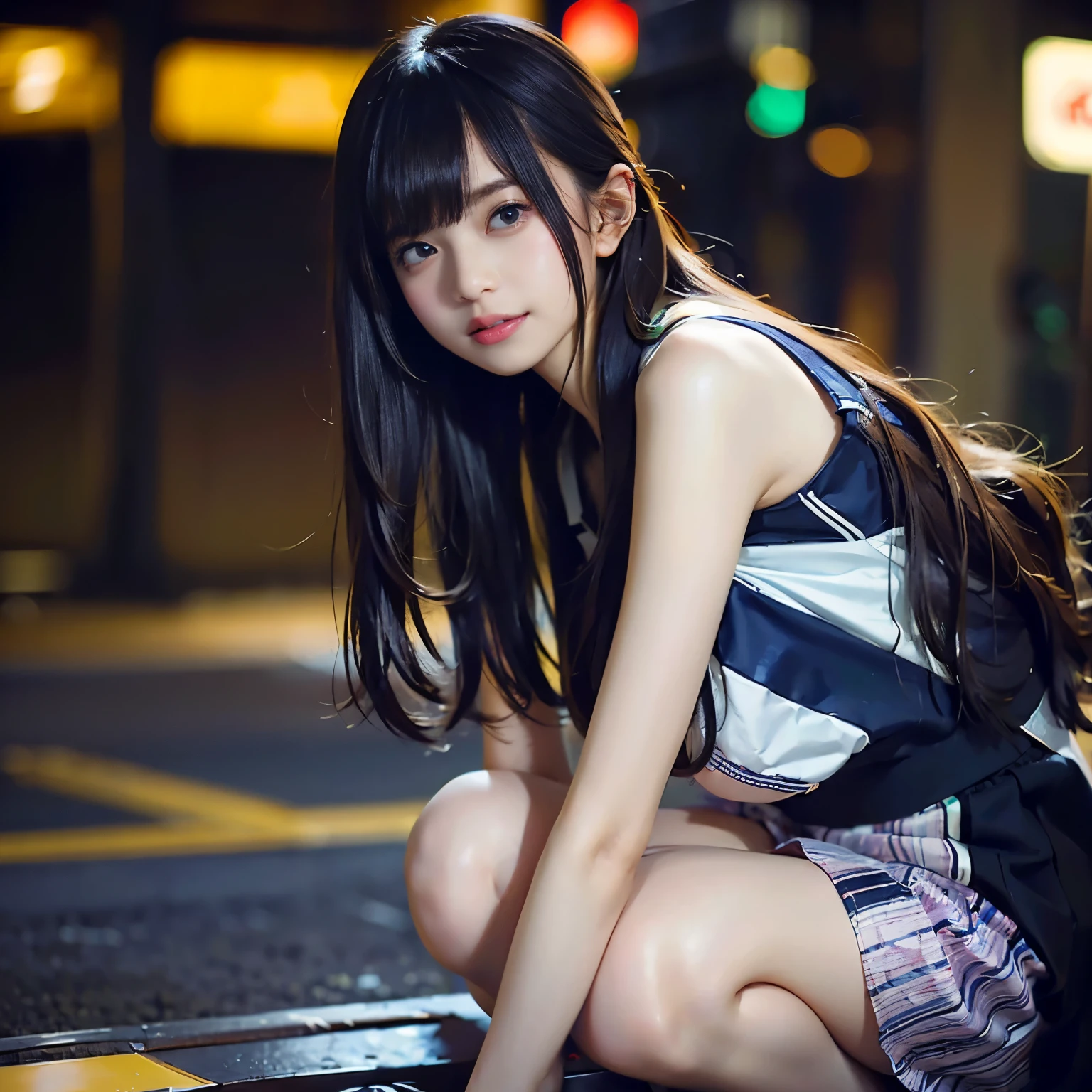 1人、on tokyo street、A city scape、夜のA city scape、Neon Street、full bodyesbian、a closeup、A smile、、(8K、Raw photography、top-quality、masterpiece:1.2)、(realisitic、フォトrealisitic:1.37)、Highly detailed eyelash drawing、(((Top image quality))), (Beautiful hair), (Perfect Anatomy), (Realistic), (Dynamic Angle), Pose Seductive,Perfect, Look、top-quality、hight resolution、legs are thin