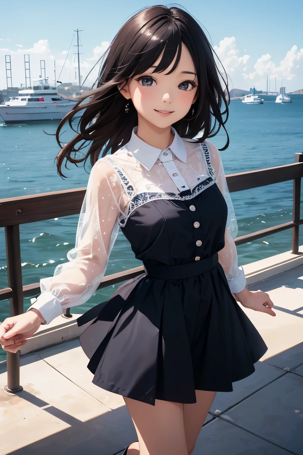 very cute and beautiful girl,(highly detailed beautiful face and eyes:1.2),(smile),cowboy shot,
navy blue frilled dress,walking,dynamic pose,(detailed legs,mini skirt:0.9),
dynamic angle,black hair,(rose garden),navy harbor,warships in distance,
(best quality,masterpiece:1.2),(intricate details:1.2),highres,extremely detailed,
solo,hair fluttering in the wind,beautiful detailed sky,