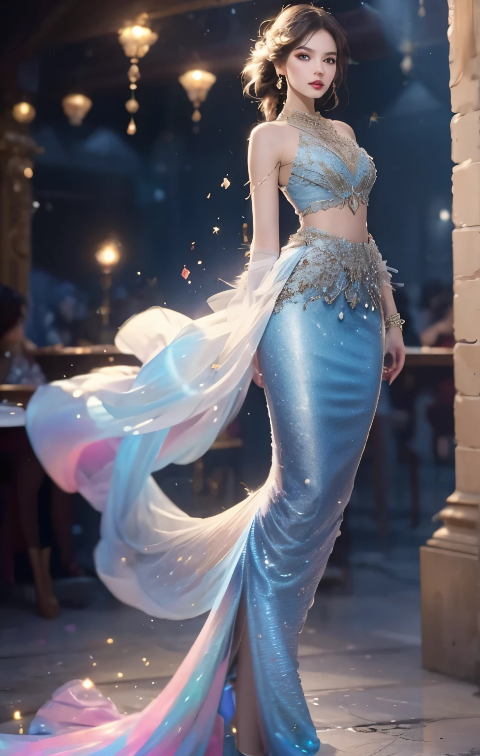 exquisite facial features，photorealestic，1 model wearing this dress with long tail skirt，Gradient skirt，There are many details on the clothing，Artistic aesthetics，smooth cloth，The skirt is inlaid with many broken bricks，haute couture dress，Model catwalk，Professional model，Sleeveless skirt，Two hanging straps touch the floor，Light blue sleeves full body photo