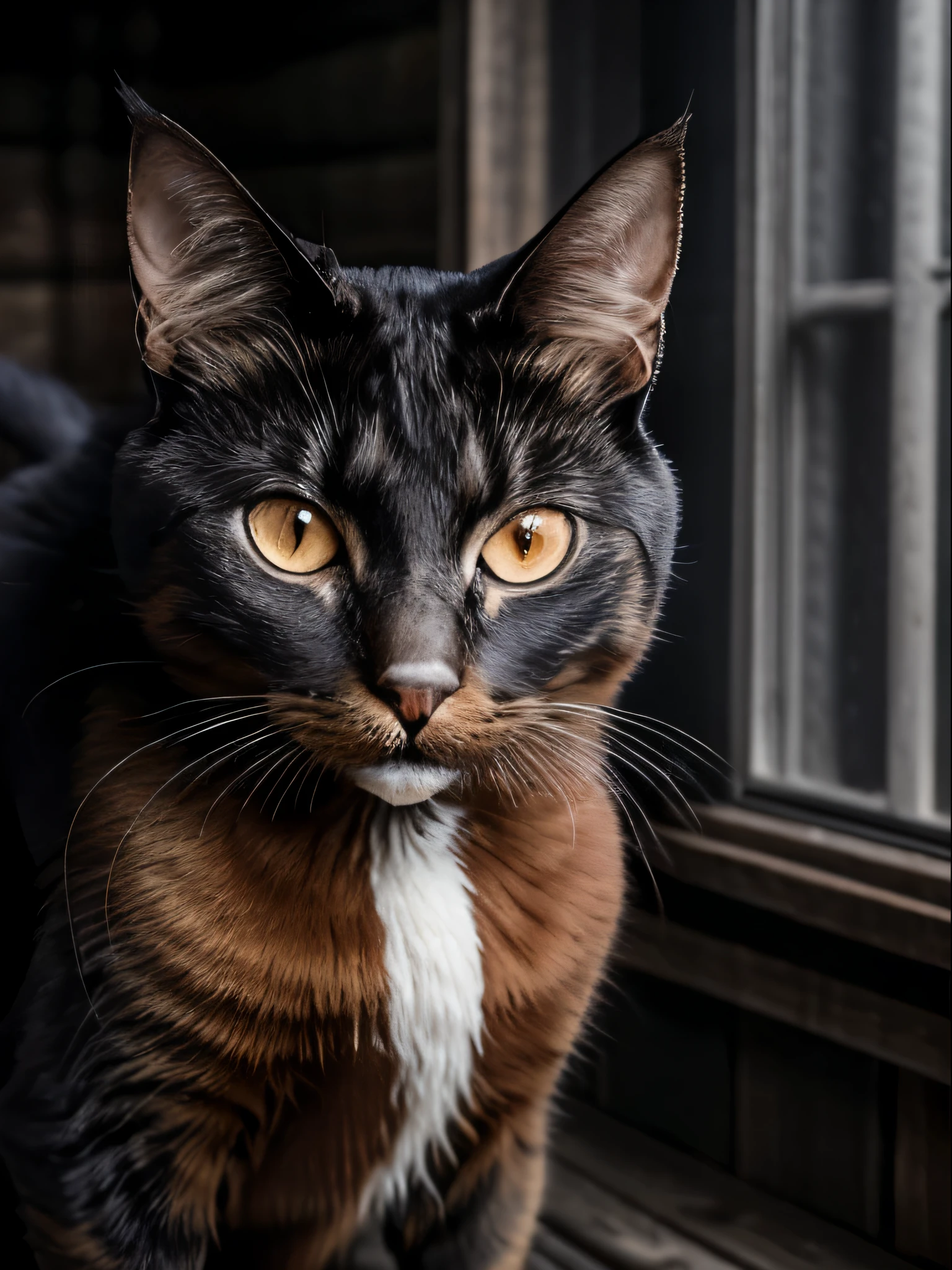 (Realistic:1.5), RAW photo, Masterpiece, witchy, cute and sexy woman with orange eyes and black cat, (detailed mysterious background with stars over an old wooden house), soft natural lighting, Faded colors, Cinematic.