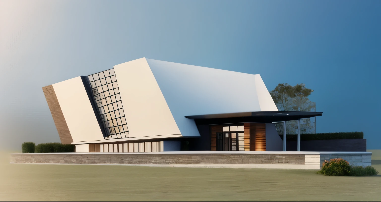 Realistic images, extremely detailed, a modern house, 1 road in font of house, large yard made by ceramic, (1 car), brick fence, lawn, a few small flowers, a road in front of the house, main materials of the house are white walls and red brick, Modern design, clear blue sky, sunrise light, light from inside, dynamic light,shimering light, cinematic light, romantic feeling, (((day light, warm light))), SNOW:1.3, WINTER