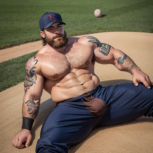 Bearded baseball dude , on the pitchers mound, massive bulge in baseball pants, arm sleeve tattoo, beefy butt, thick arms and legs