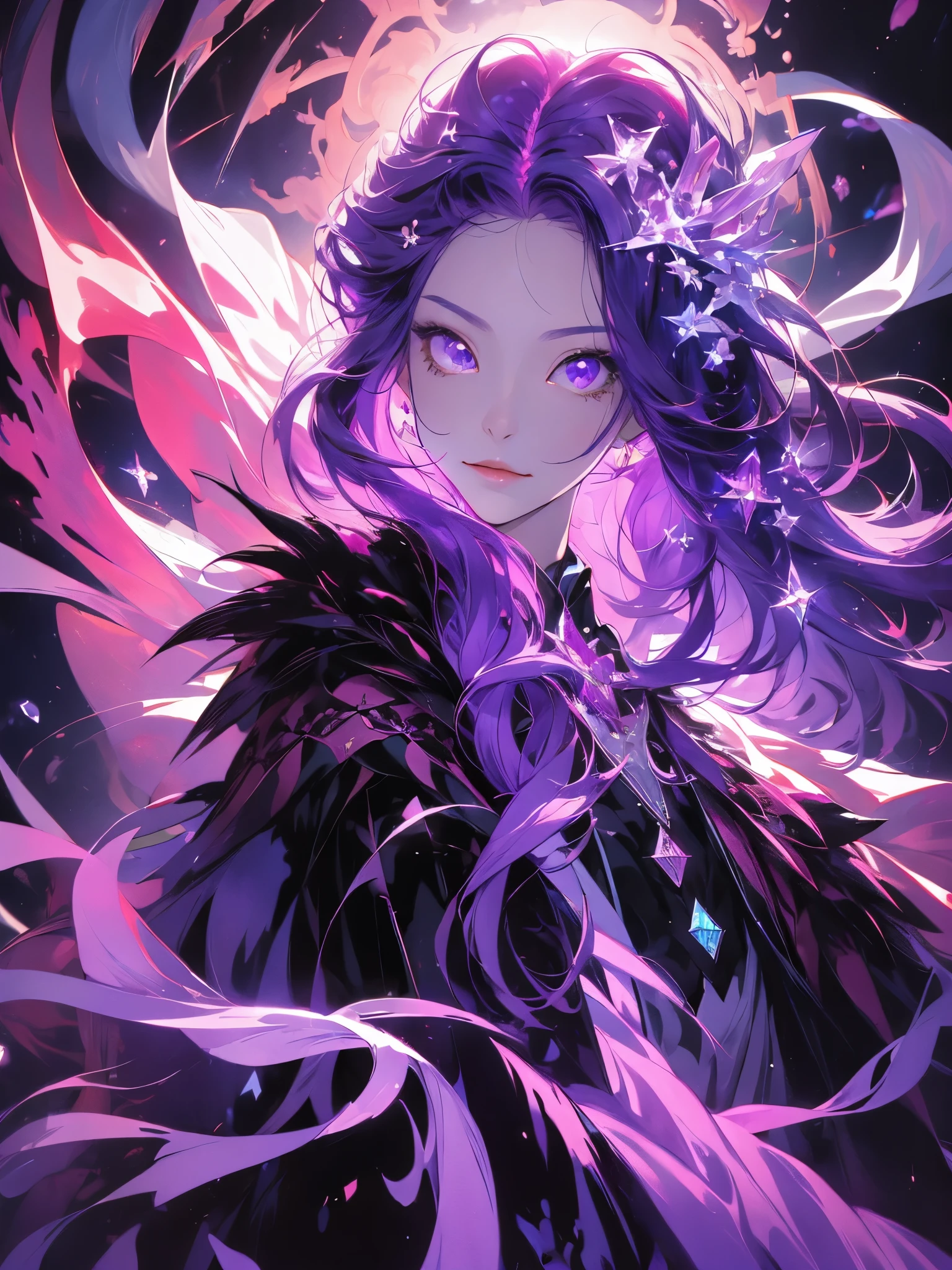 (((tmasterpiece))), Best quality at best, illustratio, 4k wallpaper, 电影灯光, absurd res, Portrait of 1girl, long whitr hair, purple crystal hair, glowing hairs, bloom hair, Costume princess, looking to the front