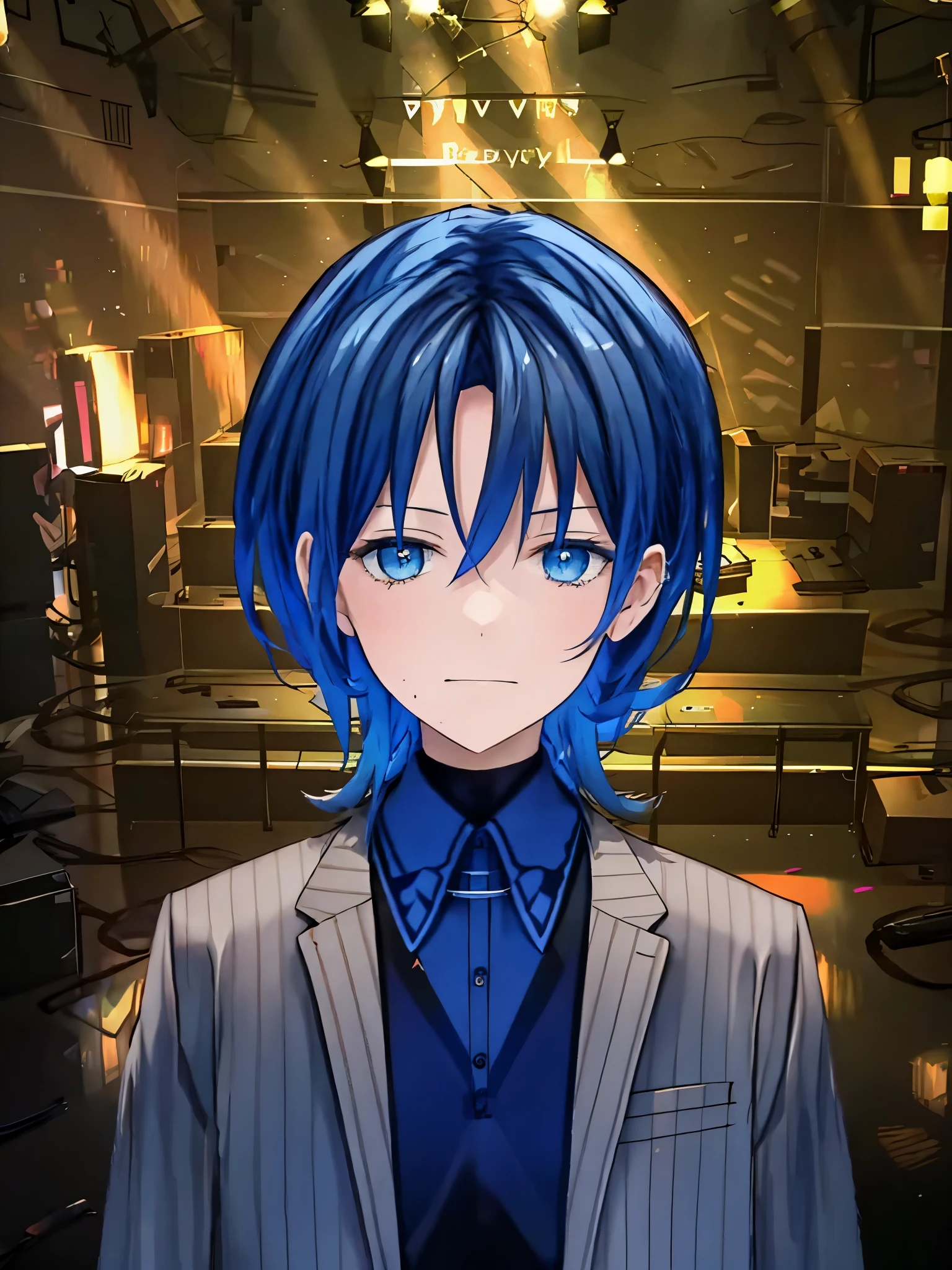 Short Dark Blue hair, blue eyes, upper body, ((hopeless face)), detailed eyes, hollow eyes, high res, very sad face,