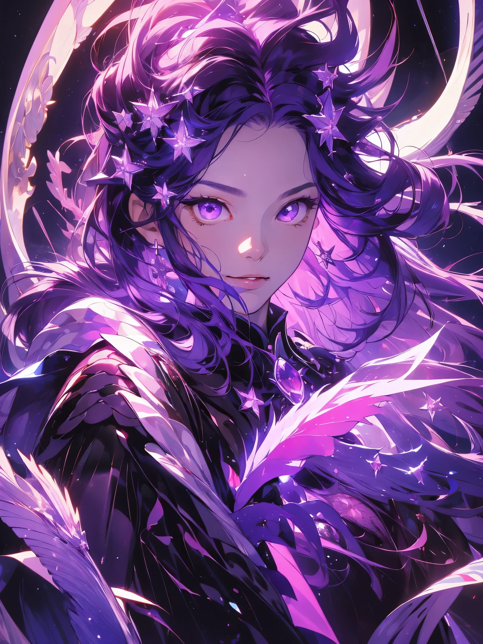 (((tmasterpiece))), Best quality at best, illustratio, 4k wallpaper, 电影灯光, absurd res, Portrait of 1girl, long whitr hair, purple crystal hair, glowing hairs, bloom hair, Costume princess, looking to the front