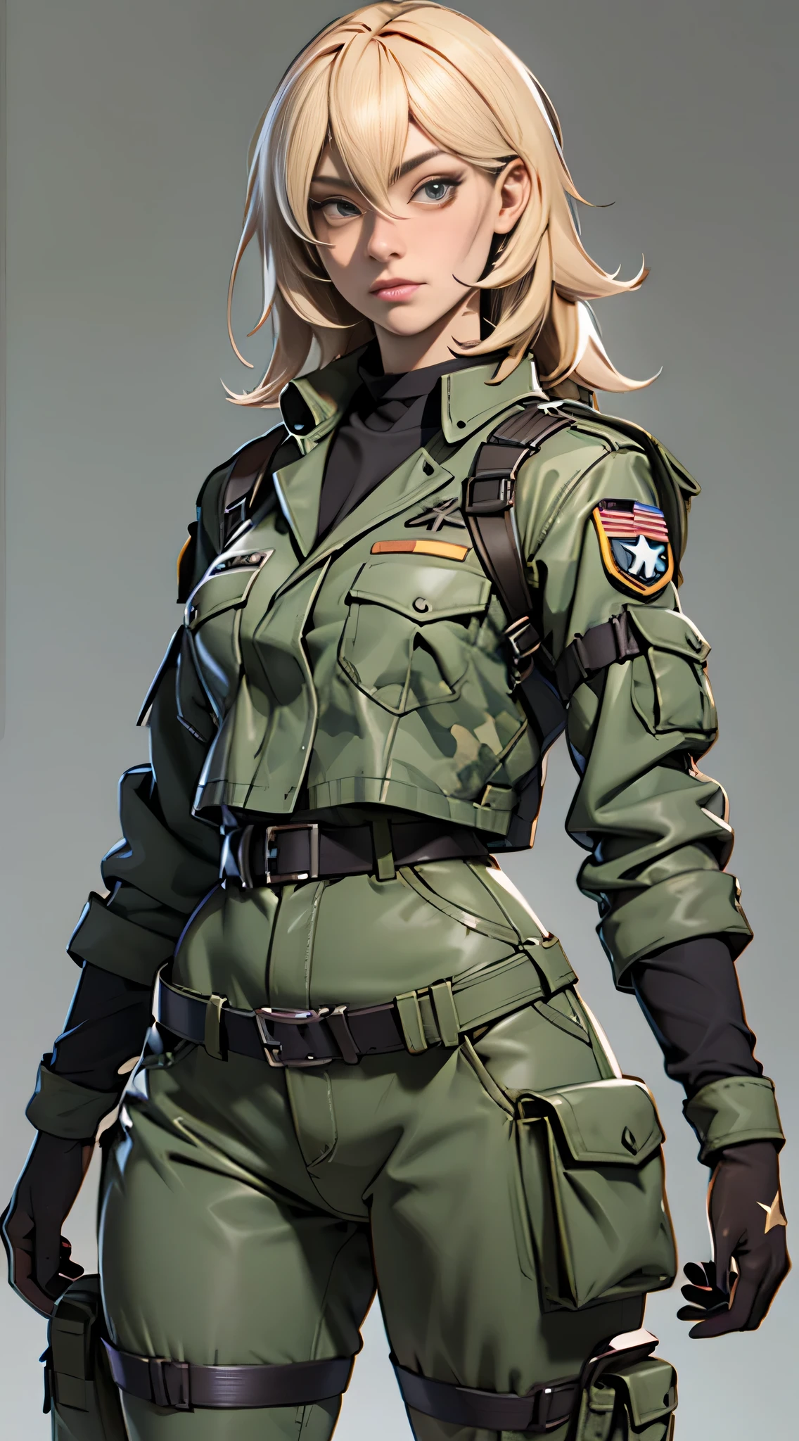 (((Best quality at best: 1.4))),(Unbeatable masterpiece), (hyper HD),(Hyper-realistic 8k CG)、 ((( body))), (((1 girl in))), 25-year-old American soldier with perfect body,,Beautiful and well-groomed face,muscular body:1.2,detail camouflage jacket, Camouflage vest、 (Pictures from head to thighs),clean abs, Complex equipment, Dark Green,With white stars and off-white stripes,,,,, armour, Poison tattoos ),