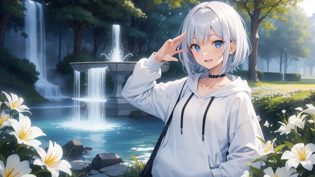 (masutepiece: 1.2, Best Quality), 1 Lady, Solo, silber hair, , Open the collarbone,Shoulder out,Very short hair, long bangs between eyes, blue eyess,Black eyes, Hoodie,White hair, Silver hair, Hoodie, White hoodie、Bright smile、open open mouth、5 fingers、fountain in the forest、flower field