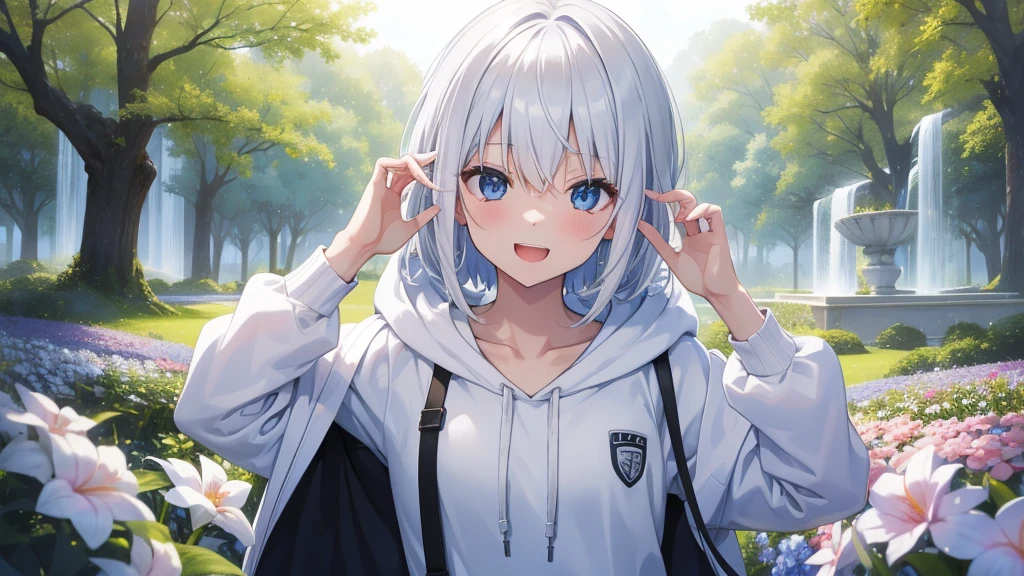 (masutepiece: 1.2, Best Quality), 1 Lady, Solo, silber hair, , Open the collarbone,Shoulder out,Very short hair, long bangs between eyes, blue eyess,Black eyes, Hoodie,White hair, Silver hair, Hoodie, White hoodie、Bright smile、open open mouth、5 fingers、fountain in the forest、flower  field