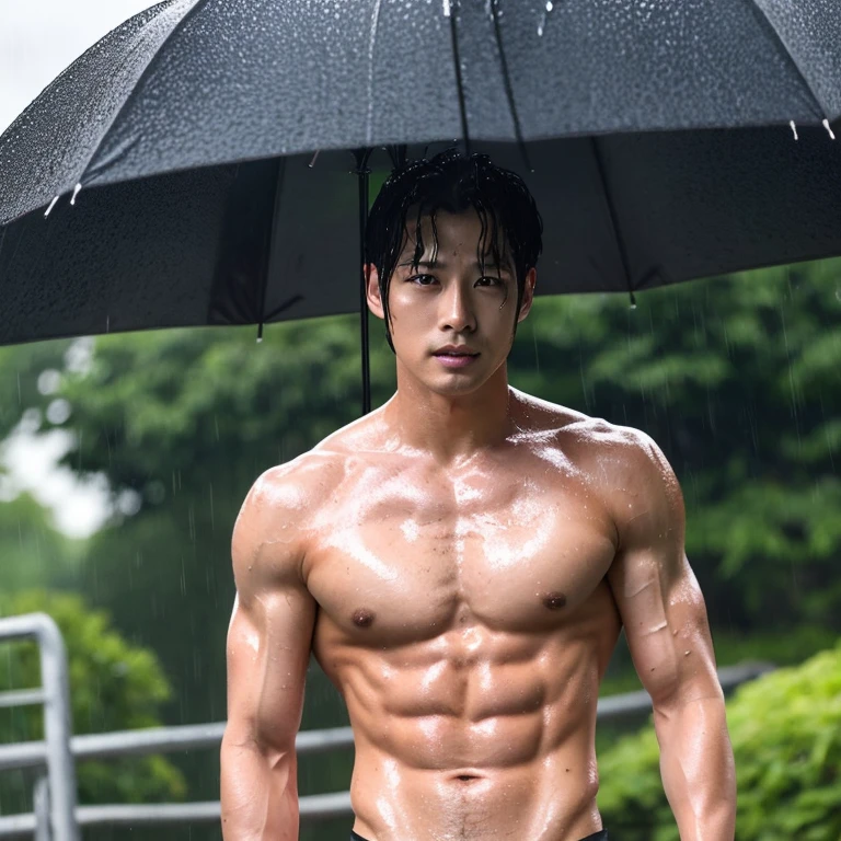 A sexy、wet from the rain、Chaunwoo、A dark-haired、Split abdominal muscles