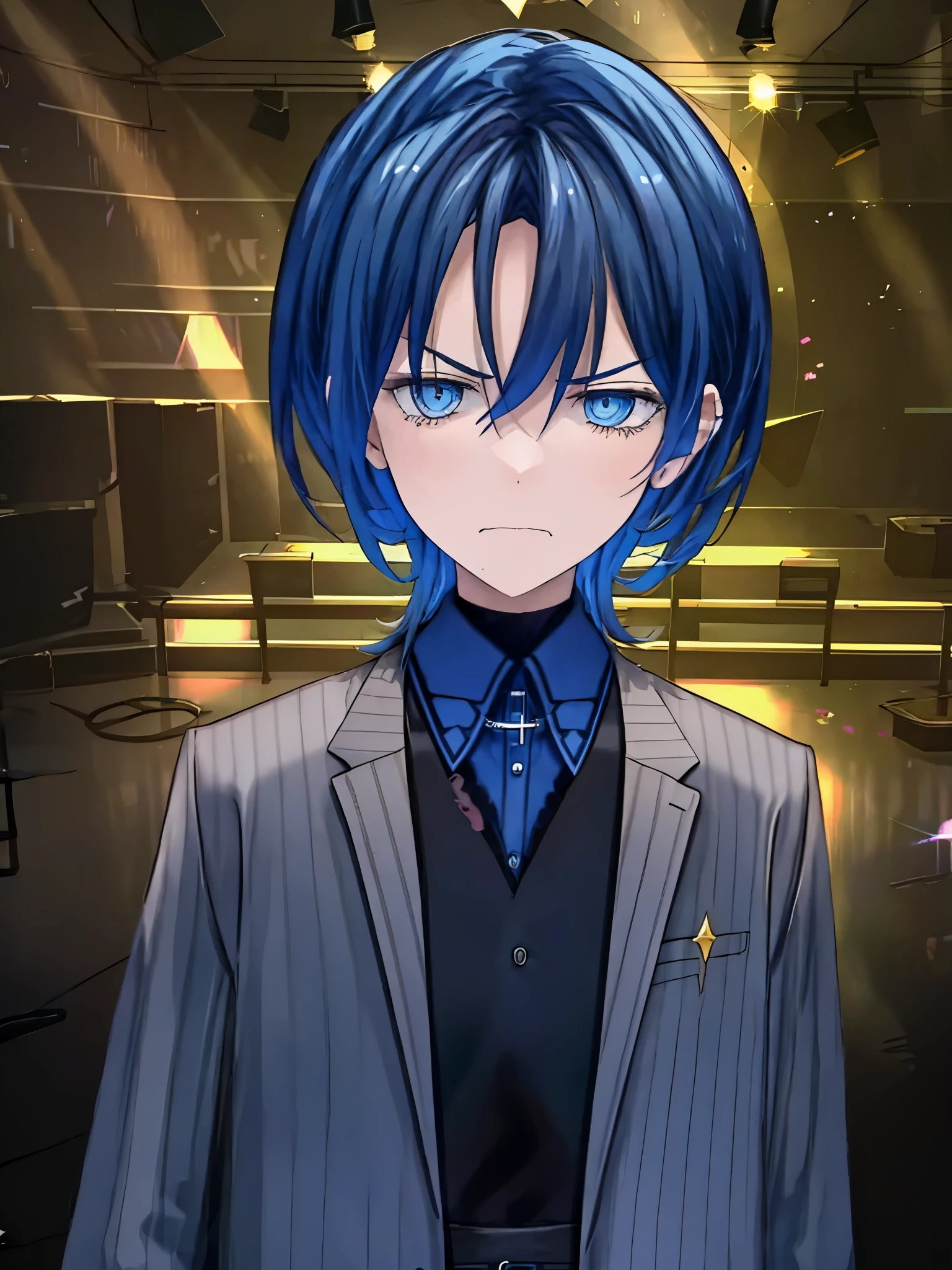 Blue short hair, blue eyes, upper body, ((angry face)), detailed eyes, sparkle eyes, high res, no blurry, very sad face, mad face,