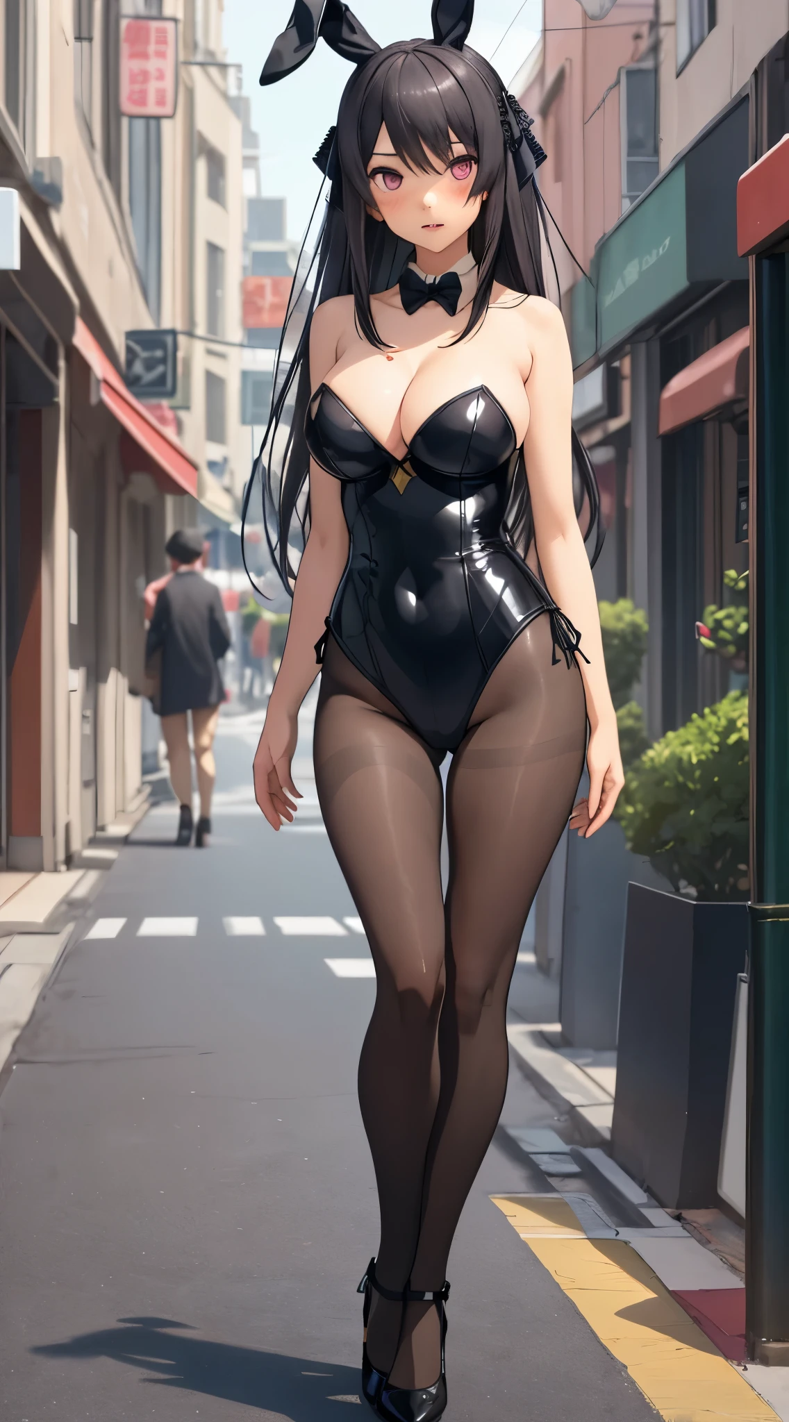 misakiao, 1girl, masterpiece, highly detailed, absurdres, illustration, game cg, solo, hair ribbon, looking at viewer, blush, city street, (bunny), bunny ears, strapless leotard, detached collar, pantyhose, high heels, standing