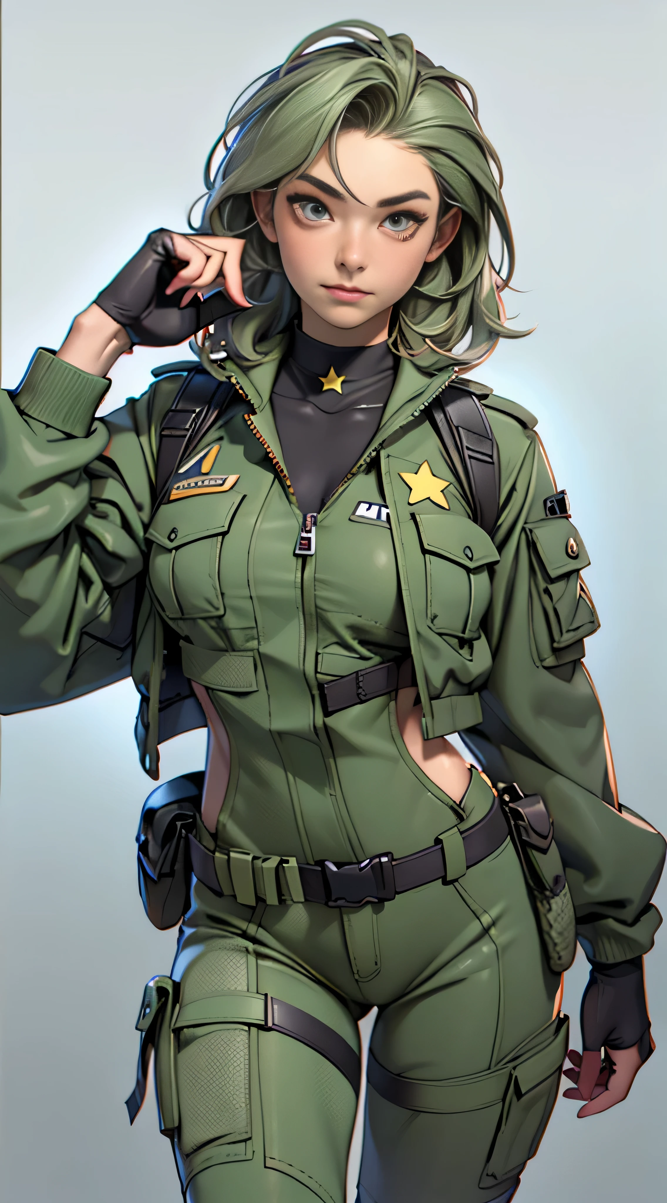 (((Best quality at best: 1.4))),(Unbeatable masterpiece), (hyper HD),(Hyper-realistic 8k CG)、 ((( body))), (((1 girl in))), 25-year-old American soldier with perfect body,,Beautiful and well-groomed face,muscular body:1.2,detail camouflage jacket, Camouflage vest、 (Pictures from head to thighs),clean abs, Complex equipment, Dark Green,With white stars and off-white stripes,,,,, armour, Poison tattoos ),