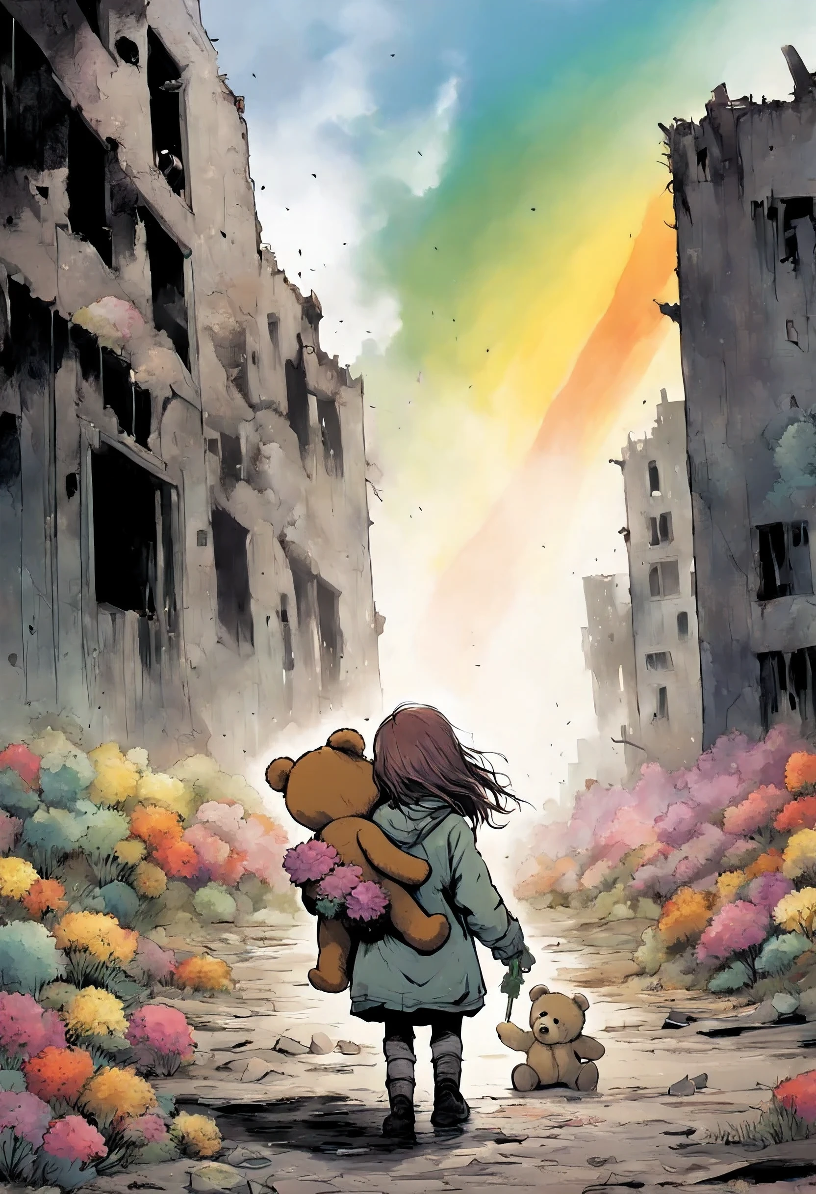 A lonely girl, holding a teddy bear , walks towards a(( Rainbow)) in a nuclear wasteland. The once thriving city now lies in ruins, with crumbling buildings and abandoned vehicles scattered amidst the desolation. Nature has started to reclaim the territory, with(( Flowers growing through cracks in the concrete)) . The atmosphere is eerie, with a sense of loneliness and despair hanging in the air. The scene is bathed in a dark and moody light, emphasizing the post-apocalyptic setting. The girl's expression reflects her loneliness and the weight of the world she carries on her shoulders. The teddy bear she clings to provides her with some comfort in this unforgiving world. The colors are muted, with a desaturated and faded palette, further enhancing the desolate mood of the scene.