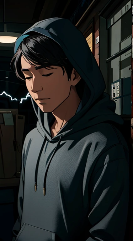 A man with no eyes, hoodie, electricity flowing through his body.