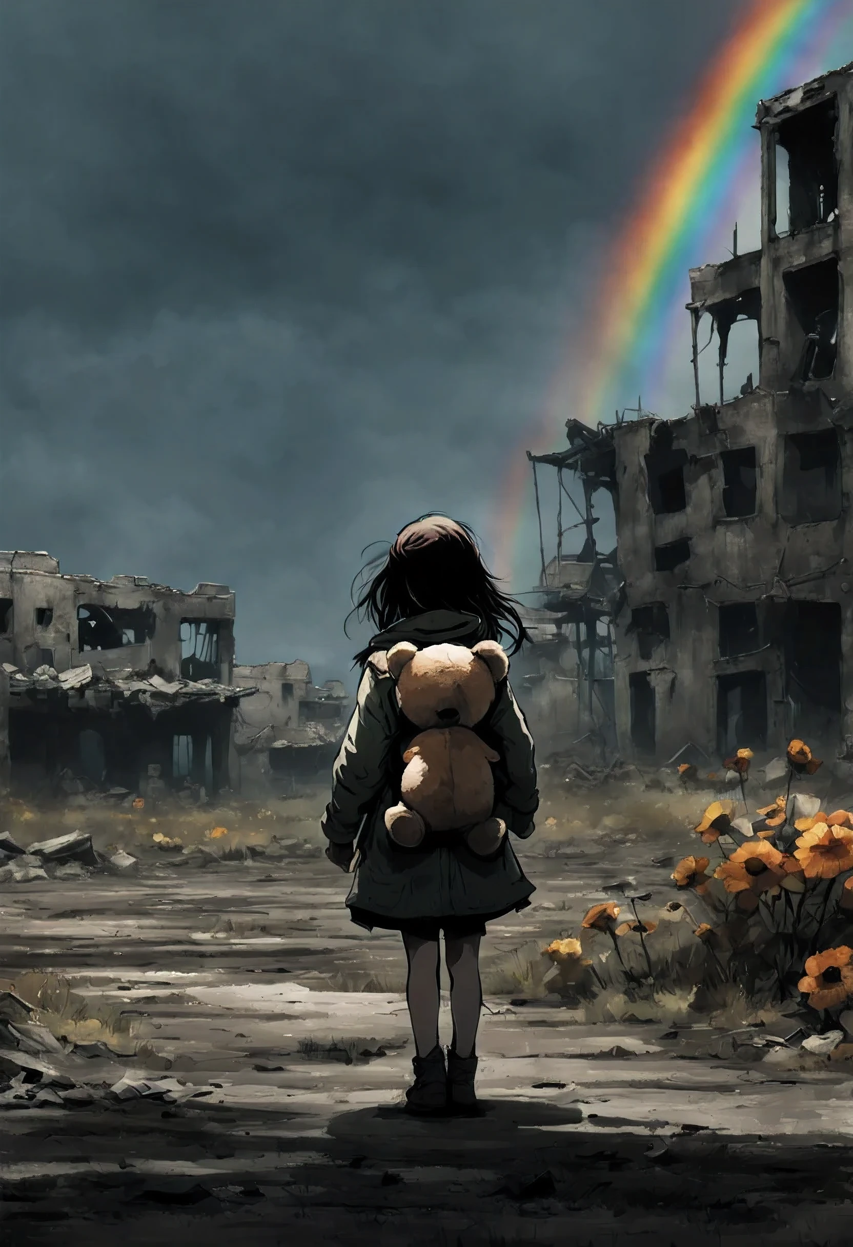 A lonely girl, holding a teddy bear , walks towards a(( Rainbow)) in a nuclear wasteland. The once thriving city now lies in ruins, with crumbling buildings and abandoned vehicles scattered amidst the desolation. Nature has started to reclaim the territory, with(( Flowers growing through cracks in the concrete)) . The atmosphere is eerie, with a sense of loneliness and despair hanging in the air. The scene is bathed in a dark and moody light, emphasizing the post-apocalyptic setting. The girl's expression reflects her loneliness and the weight of the world she carries on her shoulders. The teddy bear she clings to provides her with some comfort in this unforgiving world. The colors are muted, with a desaturated and faded palette, further enhancing the desolate mood of the scene.