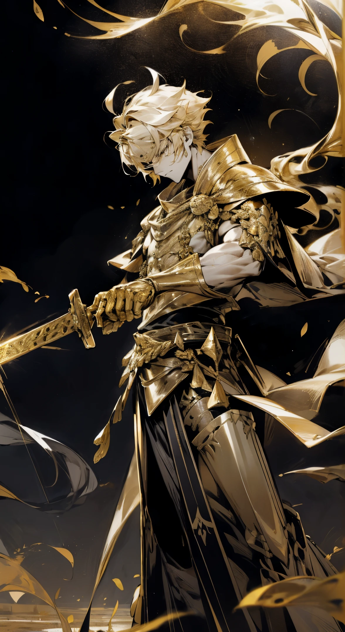 Highly detailed Gilgamesh scene from Fate、（Golden town theme）Ground full of gold in a vast and wide-angle war、Wielding a golden wand、has a golden long sword、A golden male king is standing。His robe shines with golden light、The golden city was full of royal momentum.。