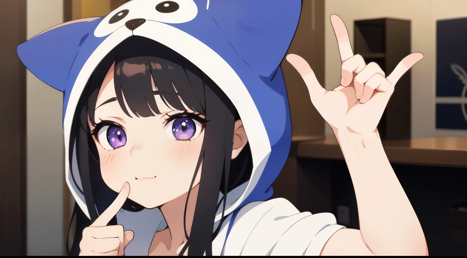 A girl with fingers on her cheek, cute loli in a kitten costume, inspired by Kaguya-sama, background according to the image, black hair, bright violet eyes, 2D anime