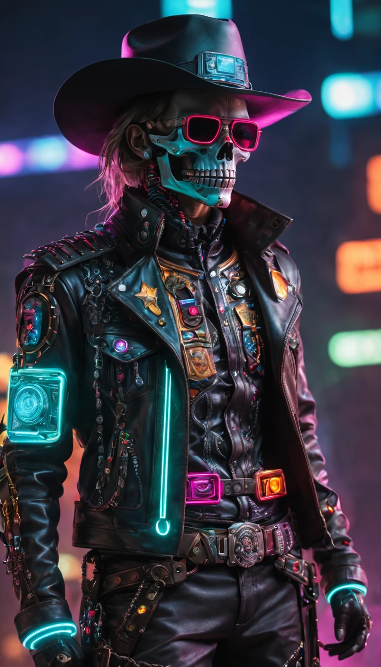 cyber punk perssonage,Mechanical Sheriff,skeleton head,metalictexture,cowboy hat,Cockade,Neon brim,jaqueta de couro,cowboy boots,Retro-Future,vibrant with colors,electric sparks,Dystopian cityscape,Network enhancement,glowing light eyes,High-tech weapons hanging from the belt,wires and cables,nighttime scene,Mixed reality。(Best quality at best,4K,8K,A high resolution,tmasterpiece:1.2),ultra - detailed,(actual,photoactual,photo-actual:1.37),