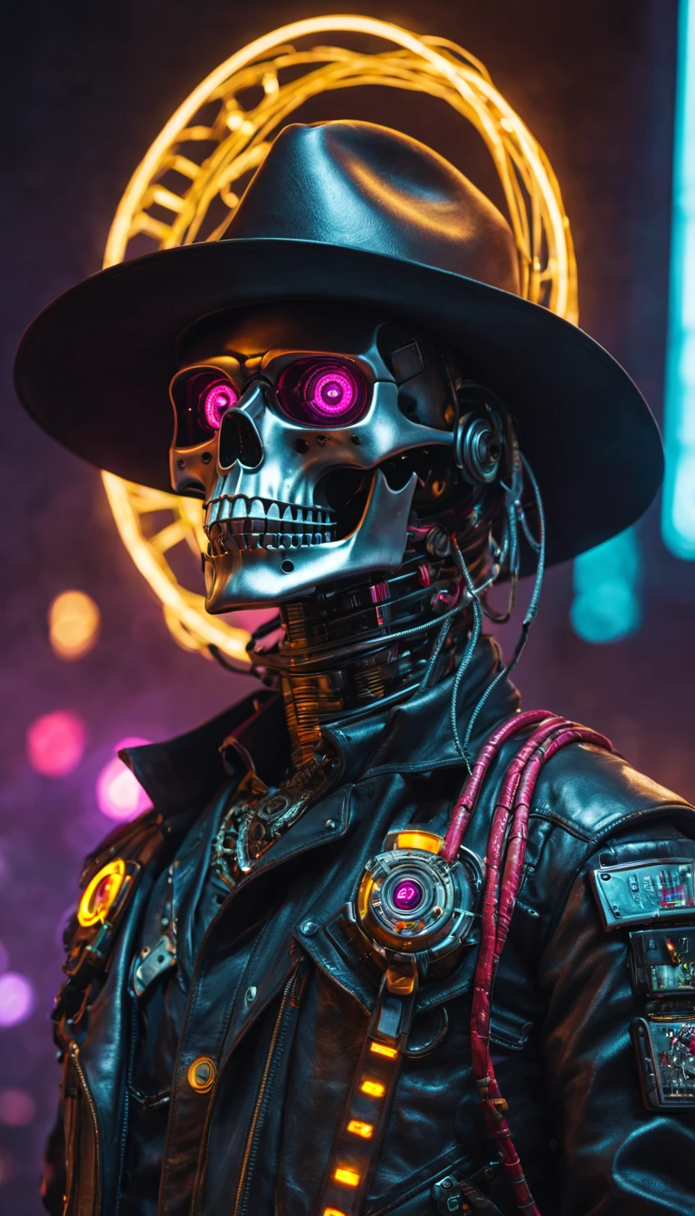 (Best quality at best,4K,8K,A high resolution,tmasterpiece:1.2),ultra - detailed,(actual,photoactual,photo-actual:1.37),cyber punk personage,cowboys,skeleton head,bull horn arm,metalictexture,Cybernetics,cowboys hat,neon light background,technologies,A futuristic,vivd colour,electric sparkocus sharp,Dystopian cityscape,Network enhancement,glowing light eyes,jaqueta de couro,High technologies Weapons,wires and cables,Retro-Future,nighttime scene,Mixed reality。