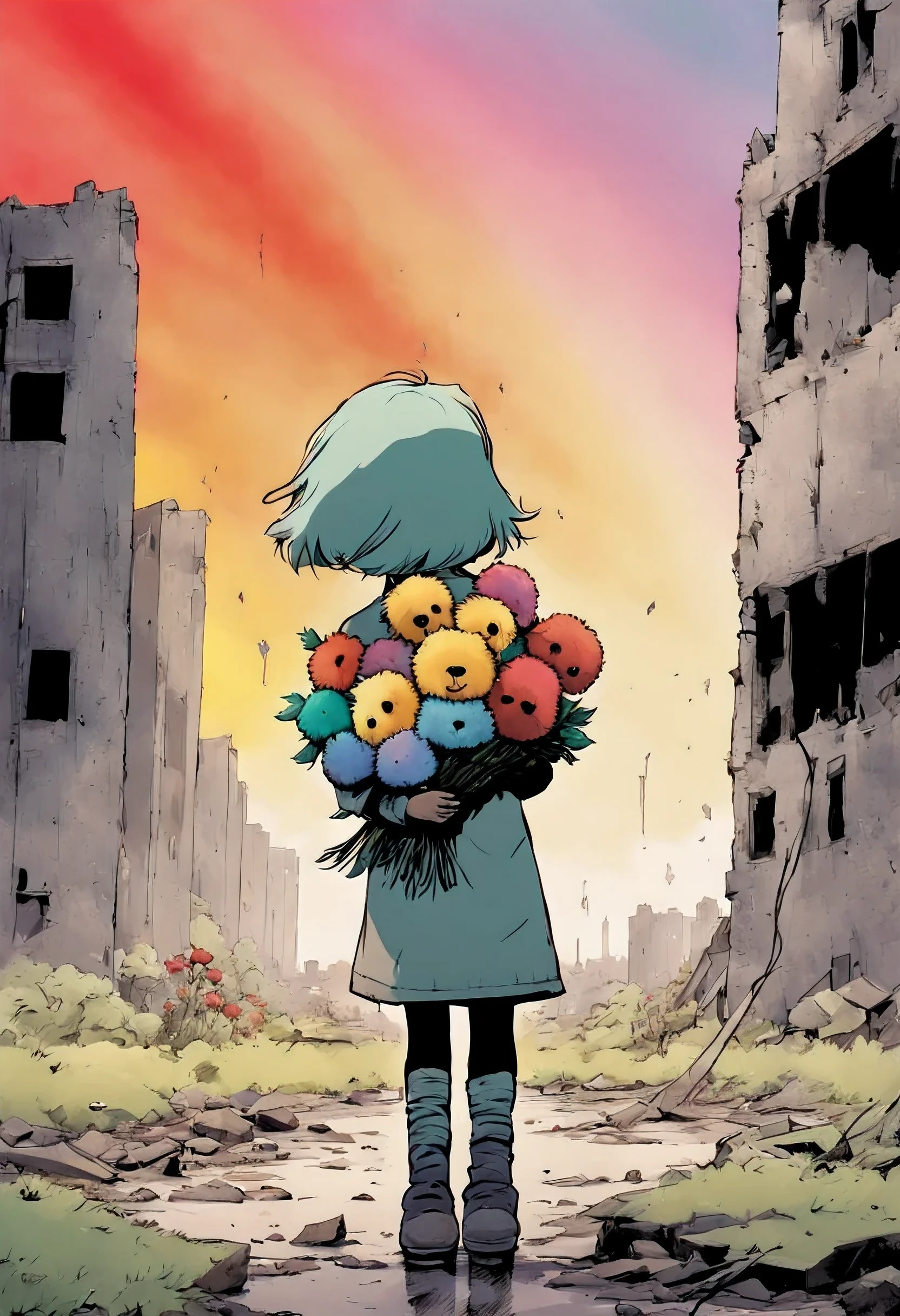 A lonely girl, holding a teddy bear , walks towards a(( Rainbow)) in a nuclear wasteland. The once thriving city now lies in ruins, with crumbling buildings and abandoned vehicles scattered amidst the desolation. Nature has started to reclaim the territory, with(( Flowers growing through cracks in the concrete)) . The atmosphere is eerie, with a sense of loneliness and despair hanging in the air. The scene is bathed in a dark and moody light, emphasizing the post-apocalyptic setting. The girl's expression reflects her loneliness and the weight of the world she carries on her shoulders. The teddy bear she clings to provides her with some comfort in this unforgiving world. The colors are muted, with a desaturated and faded palette, further enhancing the desolate mood of the scene.