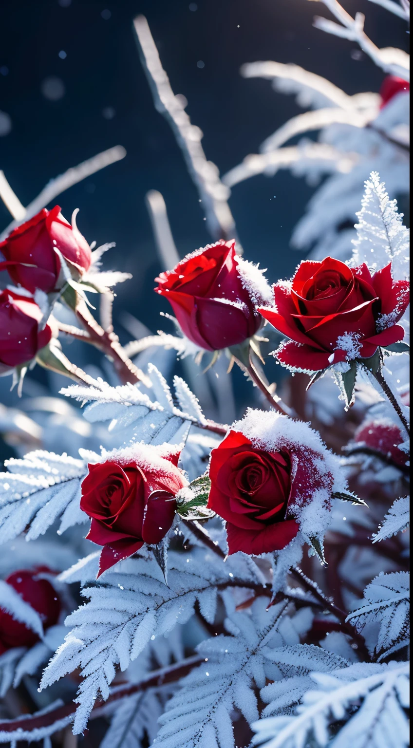 Close up of red frozen roses in a snowy garden,starry winter night,northern lights,detailed icy petals,frost-covered thorns,shimmering snowflakes,delicate frozen dew,subtle color gradients, glistening frost on petals,