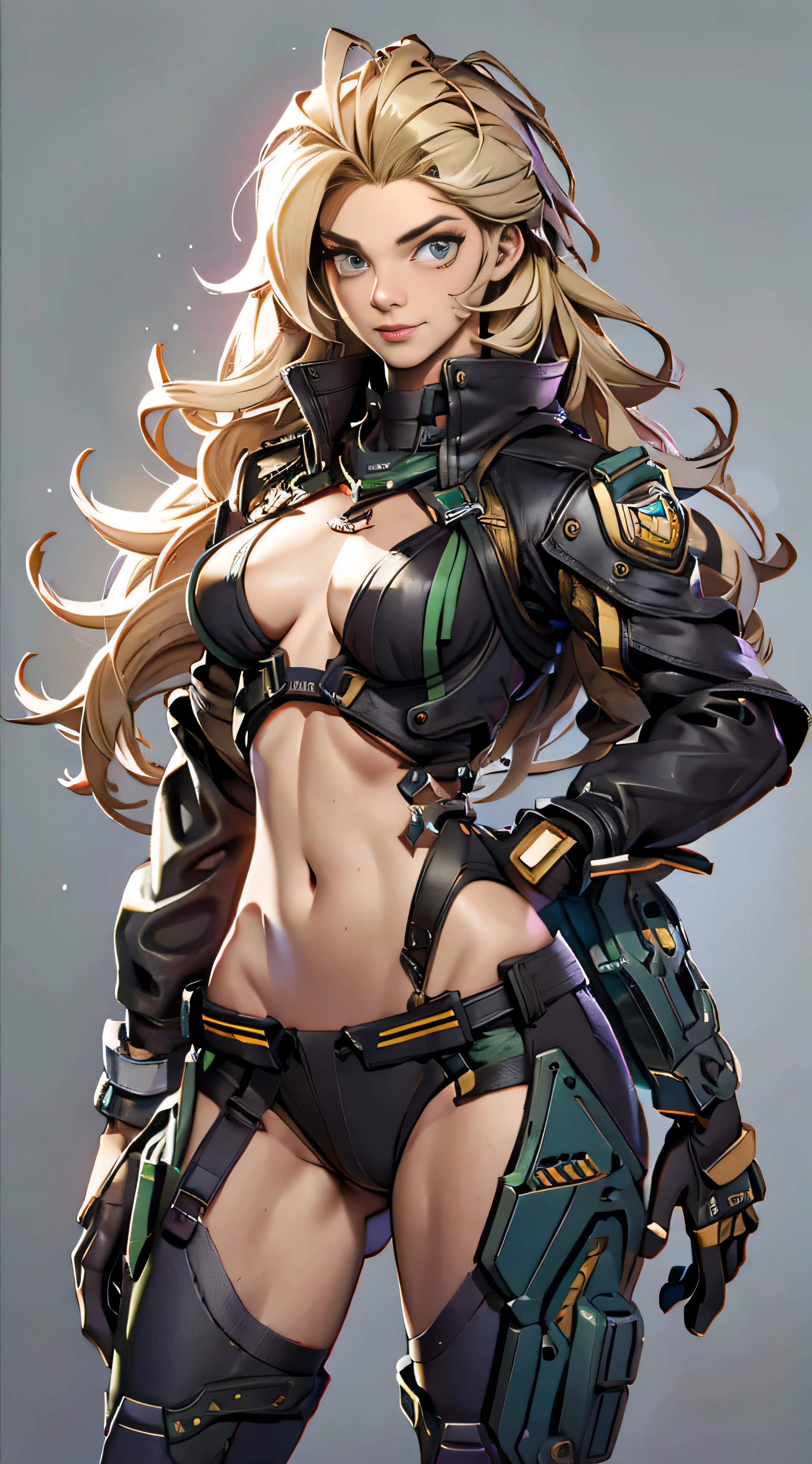 11:23(((Best quality: 1.4))),(Unbeatable masterpiece), (hyper HD),(Hyper-realistic 8k CG)、(combed blonde hair) ((( body))), (((1 girl in))), 25-year-old American soldier with perfect body,,Beautiful and well groomed face,muscular body:1.2,detailed solid color jacket, (Pictures from head to thighs), Complex equipment, Dark Green,long trousers,Close-fitting clothes are dark,With white stars and off-white stripes,,,,,Metal electronic parts for armor, Poison tattoos )