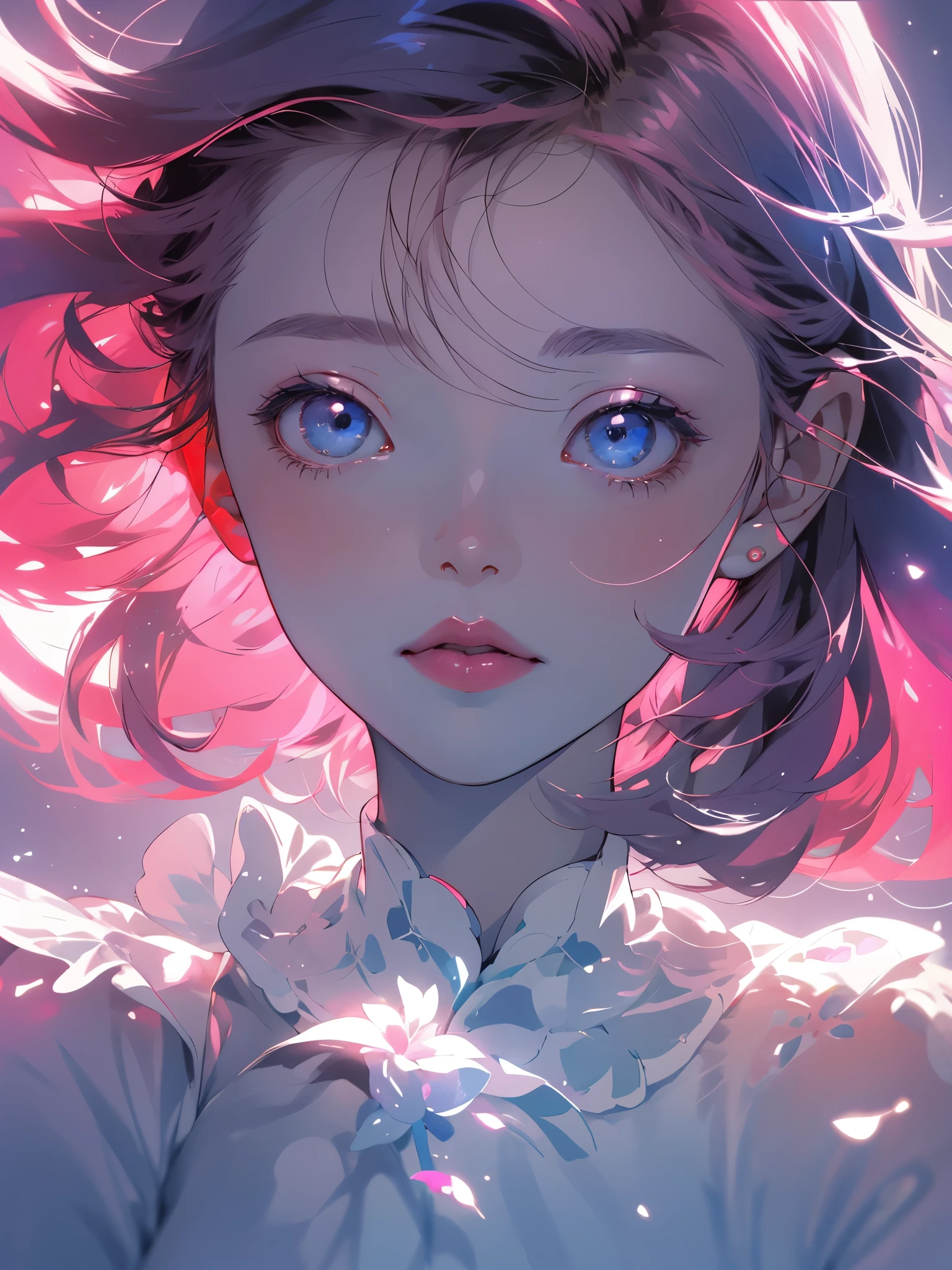 a little lovely ??? girl, redish pink lips, Wear a bright white shirt, Soft aurora punk color palette style, Anime illustration of her face, Animated GIFs, hand-drawn animation, Captivating sketch, Soft and bright, hazy romance, Hyperplane style, White - air background 1:1--niji 5--expression style