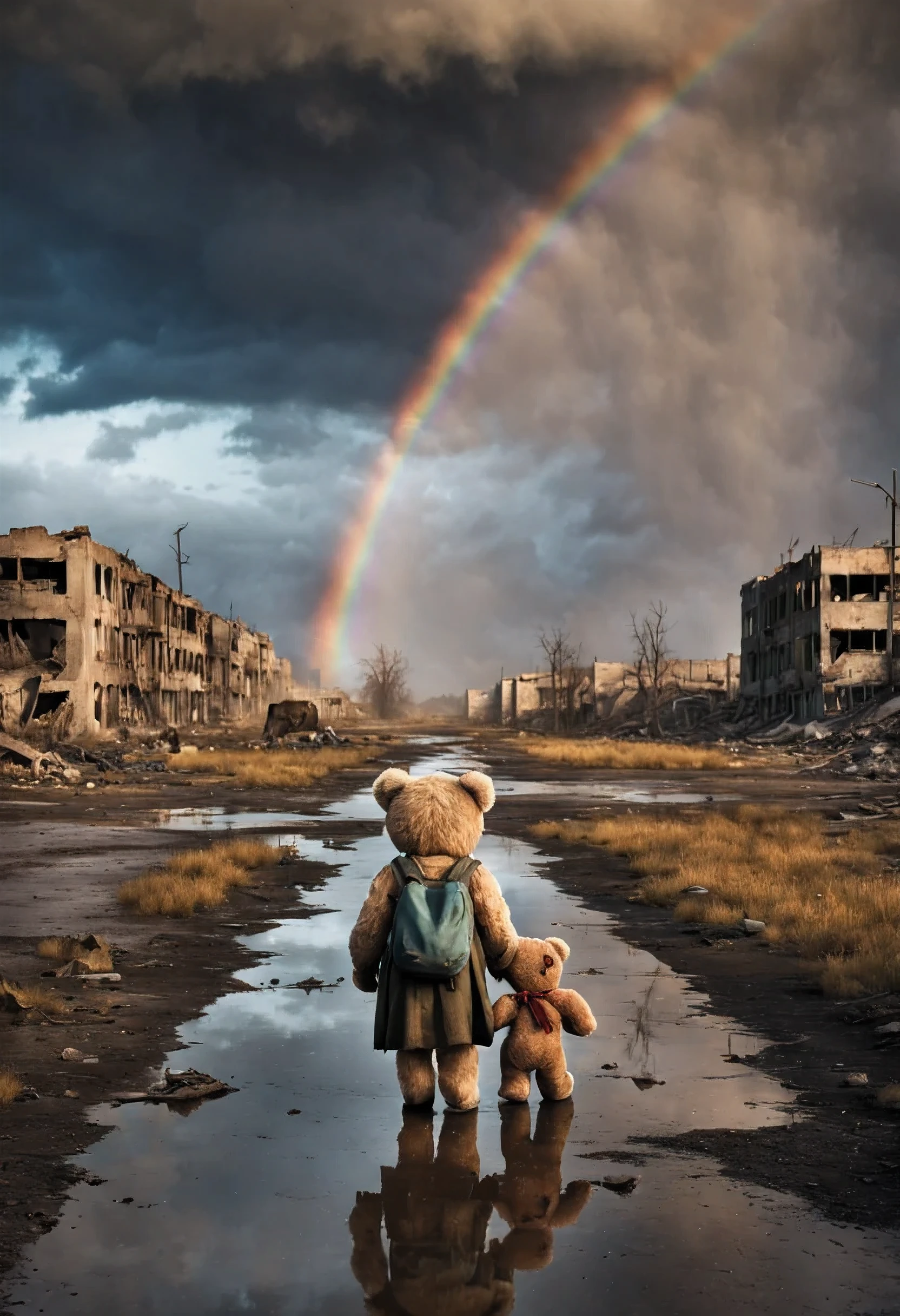 A lonely girl, holding a teddy bear , walks towards a(( Rainbow)) in a nuclear wasteland. The once thriving city now lies in ruins, with crumbling buildings and abandoned vehicles scattered amidst the desolation. Nature has started to reclaim the territory, with(( Flowers growing through cracks in the concrete)) . The atmosphere is eerie, with a sense of loneliness and despair hanging in the air. The scene is bathed in a dark and moody light, emphasizing the post-apocalyptic setting. The girl's expression reflects her loneliness and the weight of the world she carries on her shoulders. The teddy bear she clings to provides her with some comfort in this unforgiving world. The colors are muted, with a desaturated and faded palette, further enhancing the desolate mood of the scene.