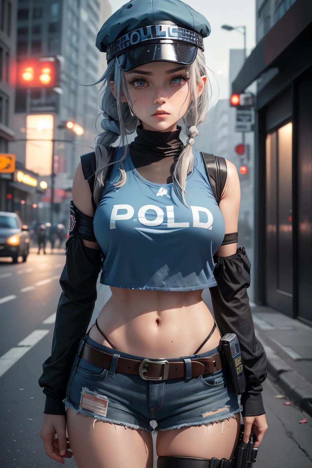 Cute girl, Gray hair tied, hat🧢 , blue police uniform, zombie, dead ahead zombie warfare, A vest with police written on it, black belt, Knee protectors, sexy 💙🧢