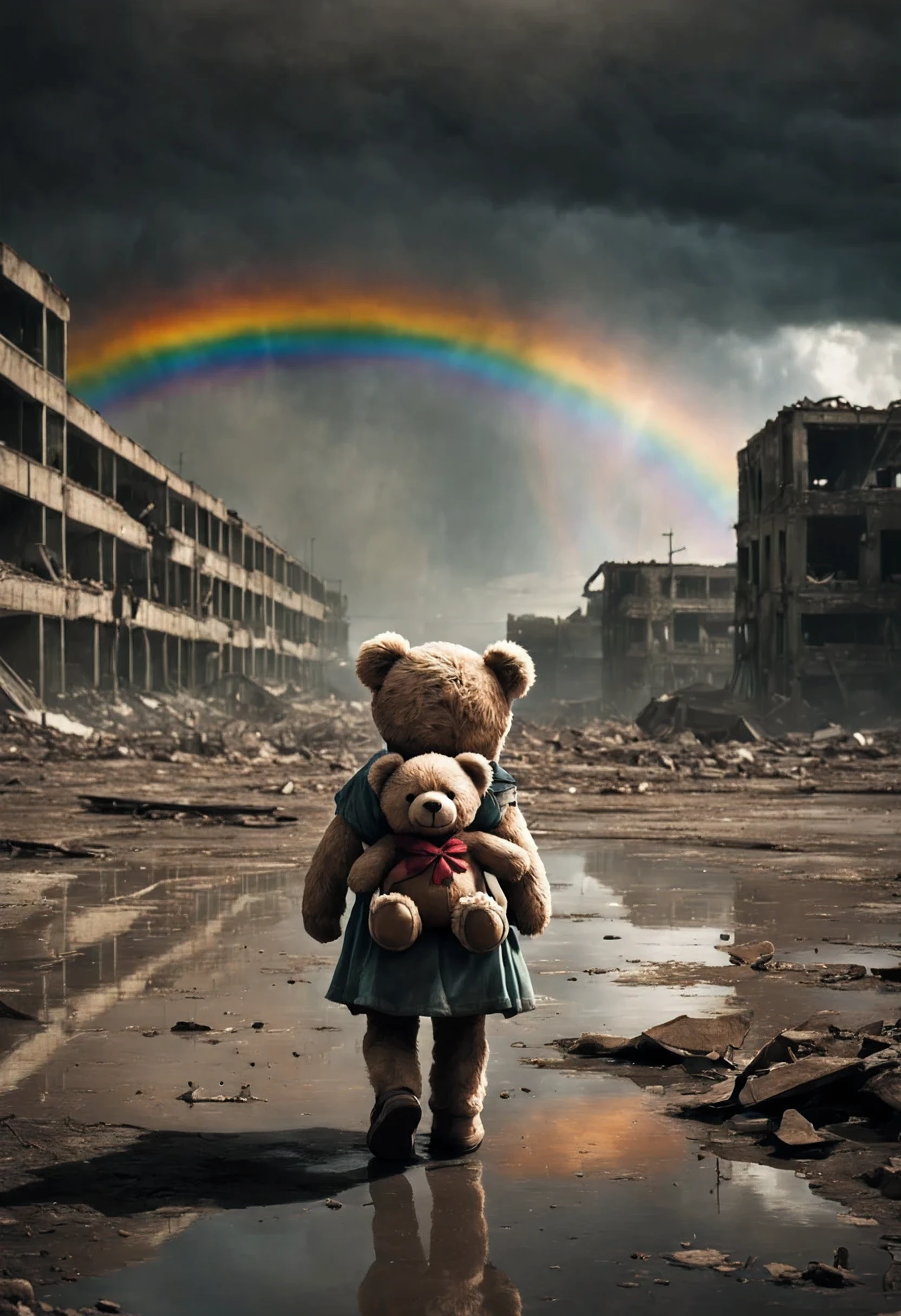 A lonely girl, holding a teddy bear , walks towards a(( Rainbow)) in a nuclear wasteland. The once thriving city now lies in ruins, with crumbling buildings and abandoned vehicles scattered amidst the desolation. Nature has started to reclaim the territory, with(( Flowers growing through cracks in the concrete)) . The atmosphere is eerie, with a sense of loneliness and despair hanging in the air. The scene is bathed in a dark and moody light, emphasizing the post-apocalyptic setting. The girl's expression reflects her loneliness and the weight of the world she carries on her shoulders. The teddy bear she clings to provides her with some comfort in this unforgiving world. The colors are muted, with a desaturated and faded palette, further enhancing the desolate mood of the scene.